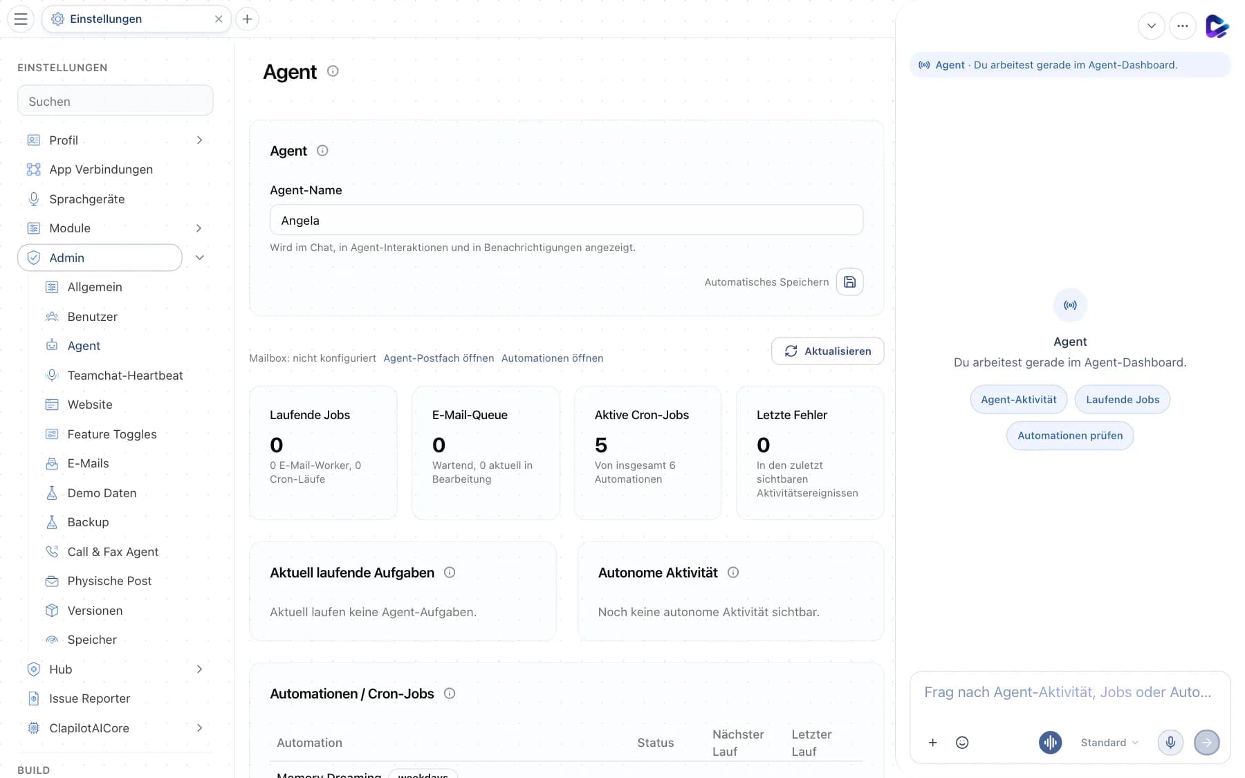 Agent-Seite mit Agent-Name und Kennzahlen zu Jobs, E-Mail-Queue und Automationen