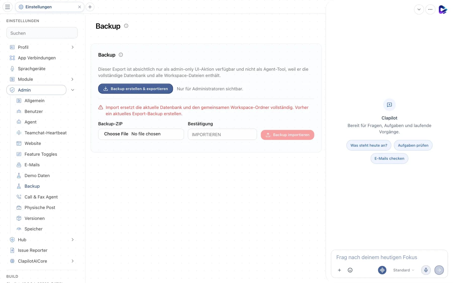 Backup-Seite mit Export und Import