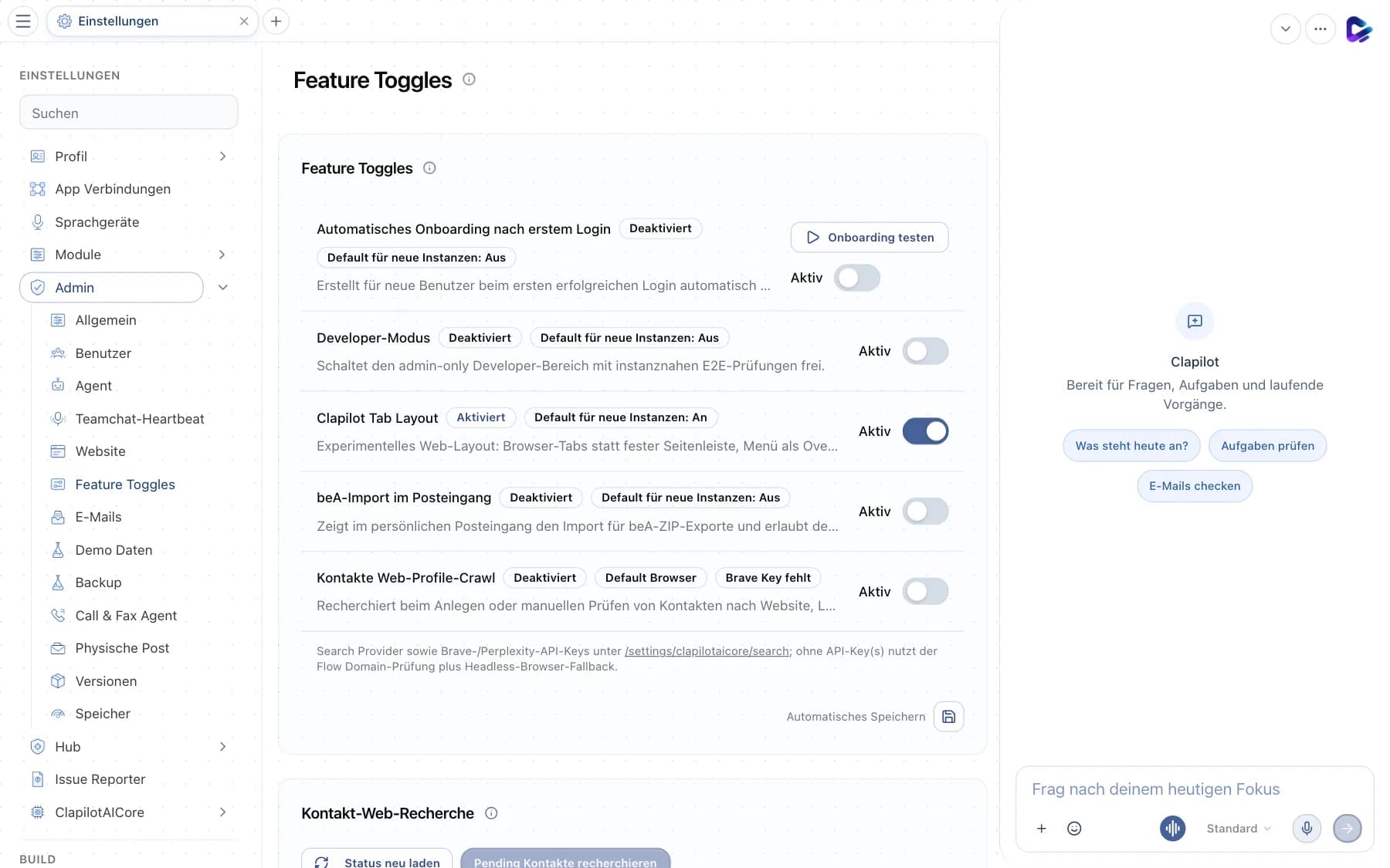Feature Toggles mit Onboarding, Developer-Modus, Tab Layout, beA-Import und Web-Profile-Crawl