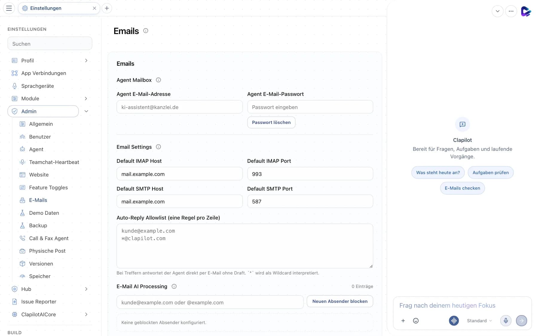 E-Mail-Einstellungen mit Agent-Mailbox und Standard-Mailservern