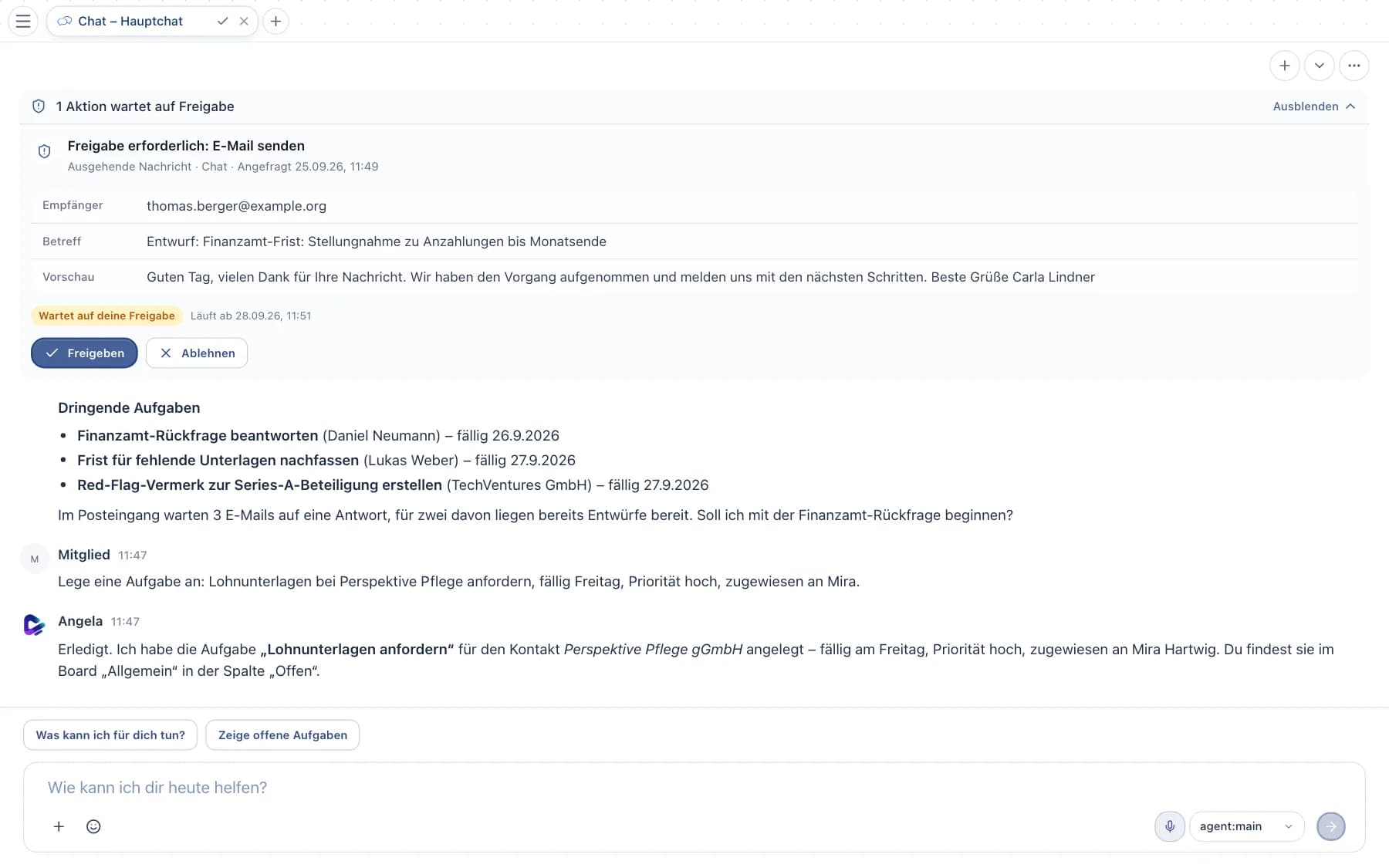 Freigabe-Karte für den Versand einer E-Mail mit Empfänger, Betreff und Vorschau