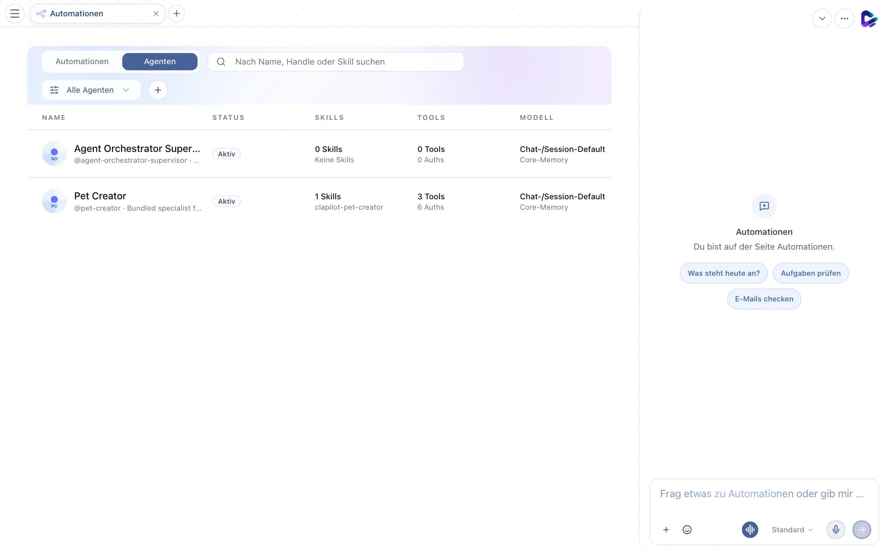 Tab Agenten mit Liste der Spezial-Agenten, Skills, Tools und Modell