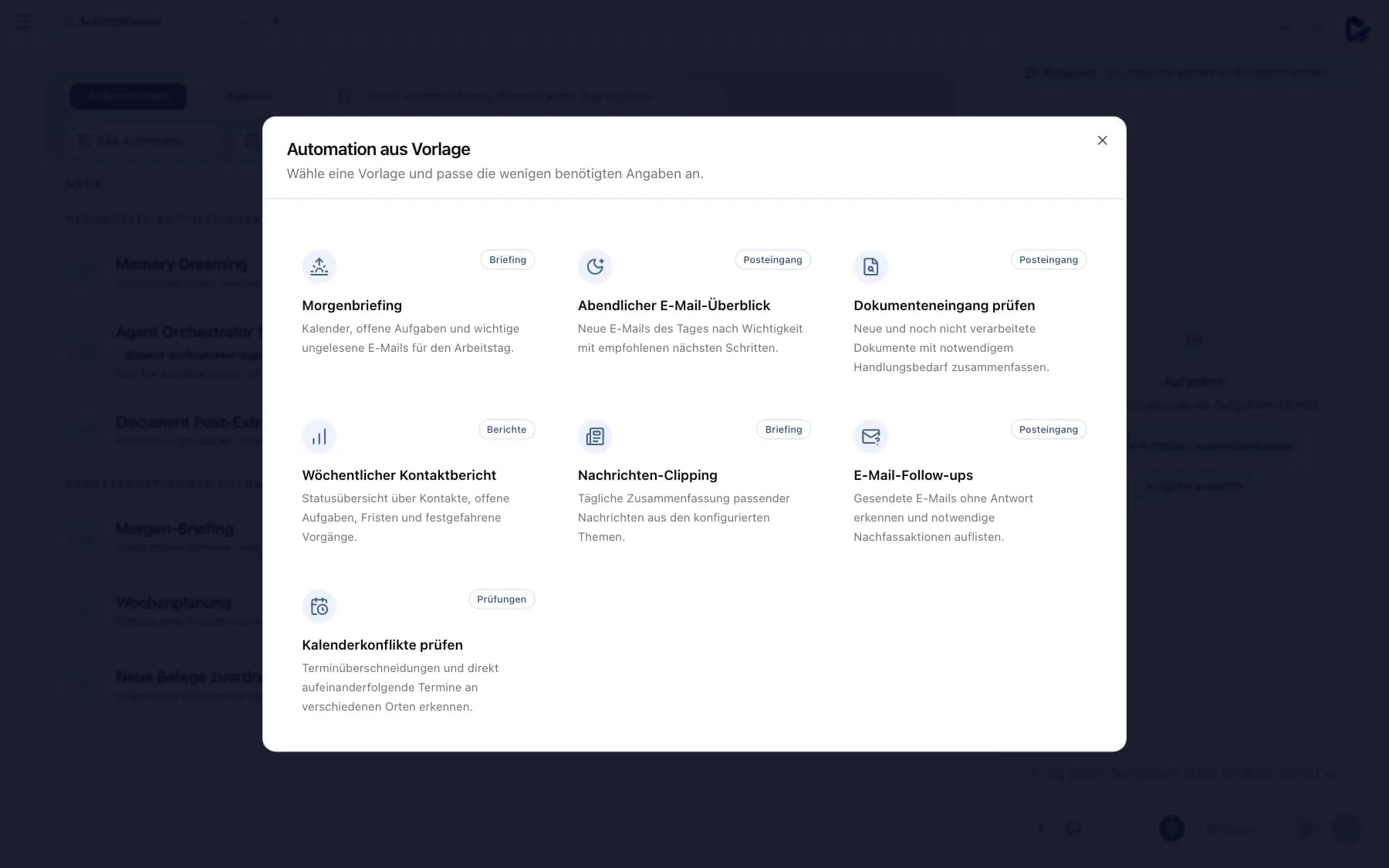 Dialog Automation aus Vorlage mit Kategorien Briefing, Posteingang, Berichte und Prüfungen