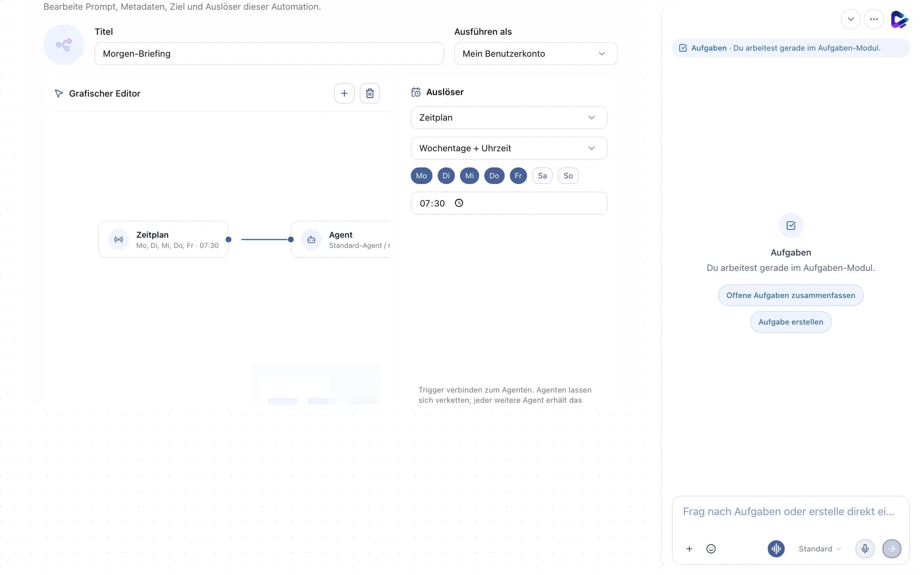 Editor einer Automation mit Titel, Ausführen als, grafischem Editor und Auslöser