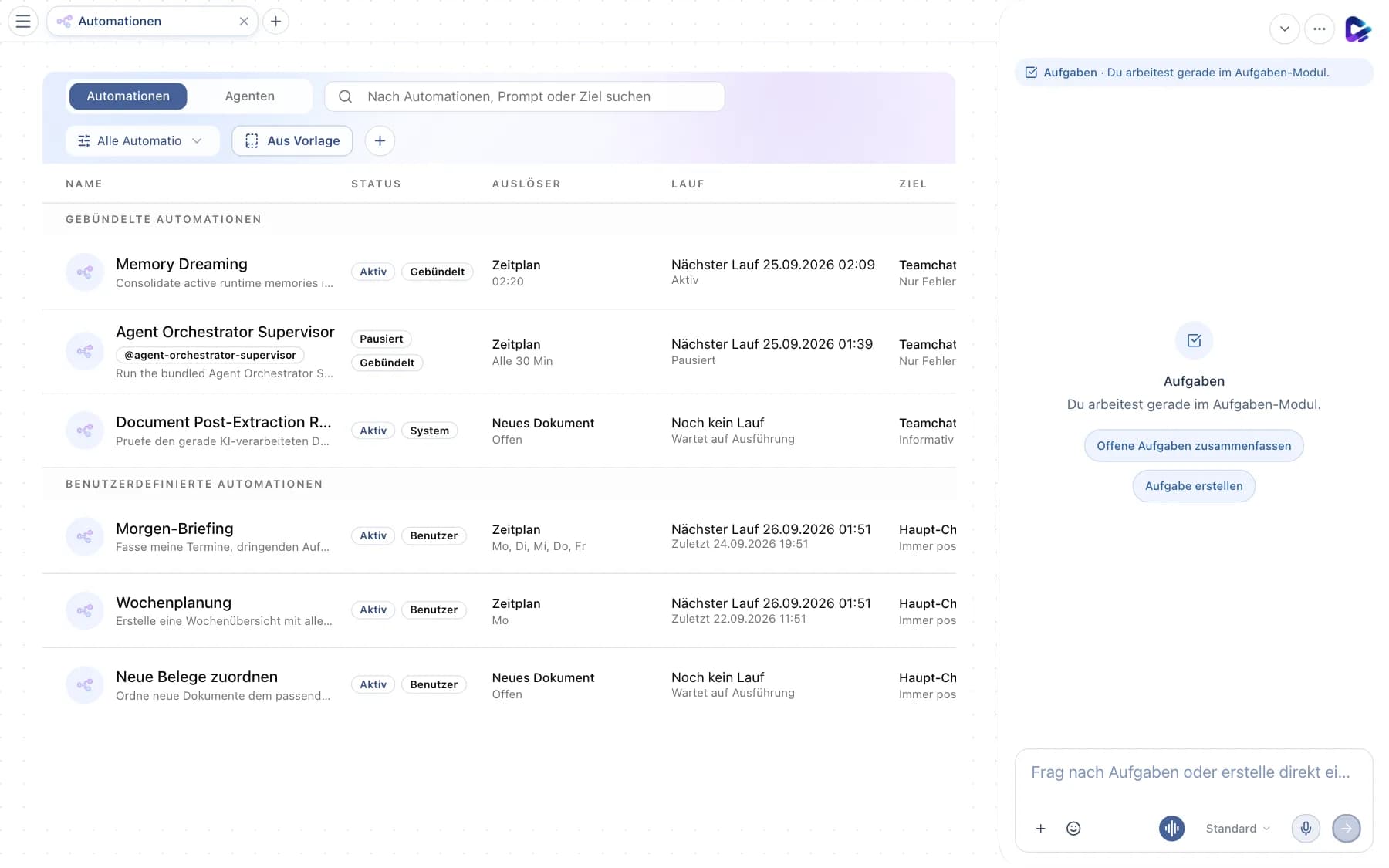 Automationen mit Tabs, Suche, Vorlagen und Liste der Automationen