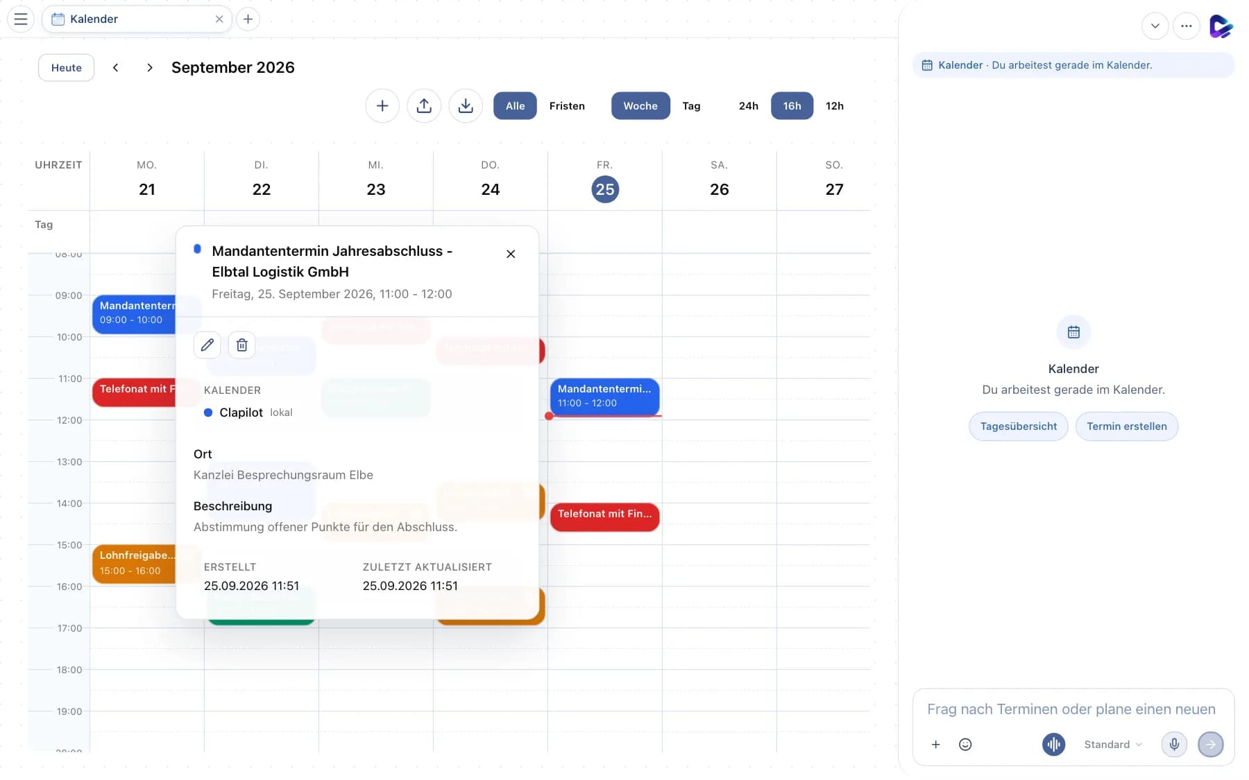 Geöffnete Termindetails mit Kalender, Ort und Beschreibung