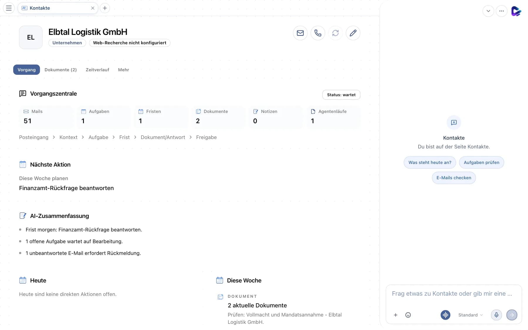 Kontaktakte mit Vorgangszentrale, nächster Aktion und KI-Zusammenfassung