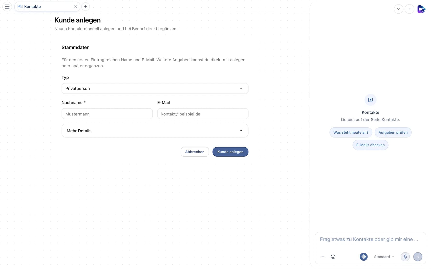 Formular Kunde anlegen mit Typ, Name und E-Mail