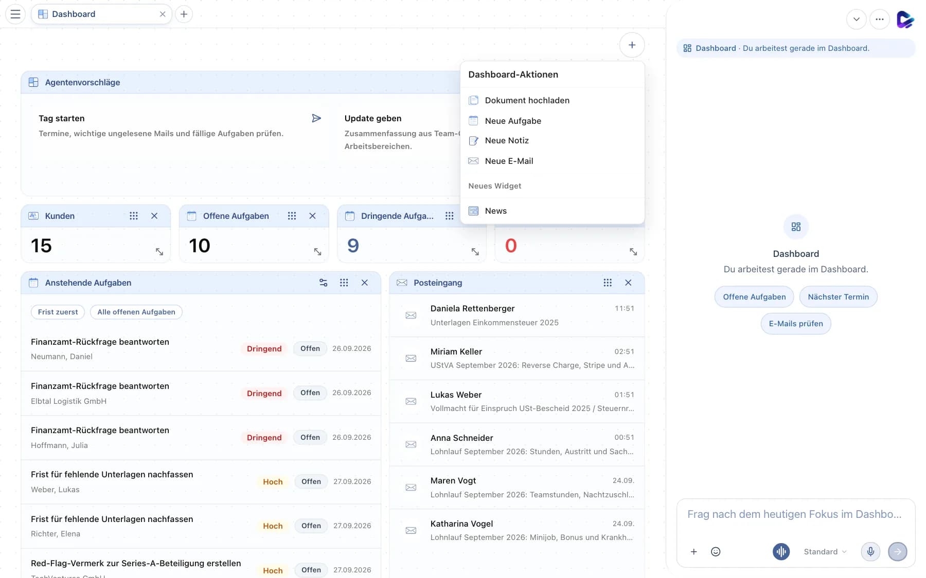 Menü Dashboard-Aktionen mit Schnellaktionen und neuen Widgets