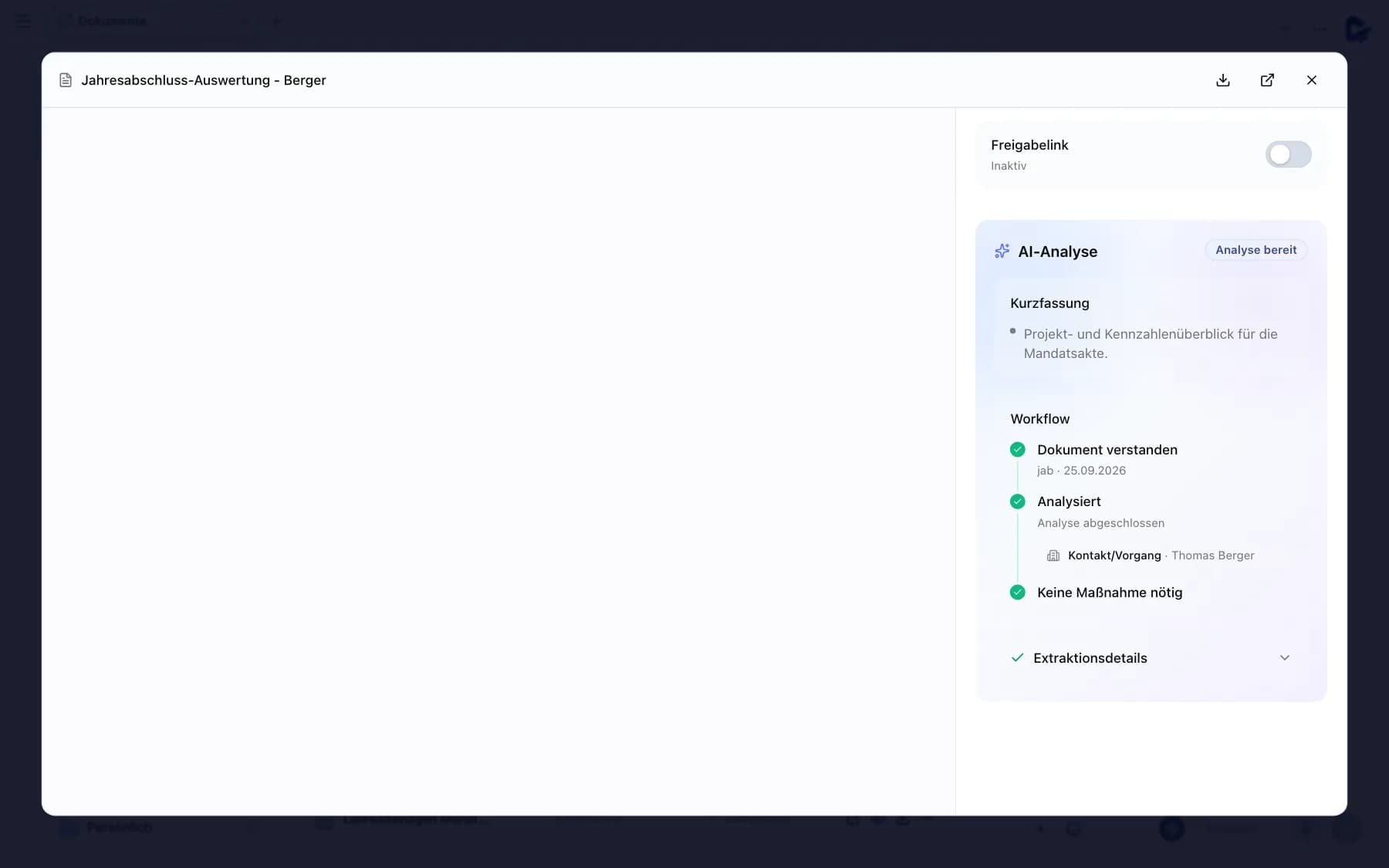 Dokumentvorschau mit PDF-Ansicht, Freigabelink und KI-Analyse