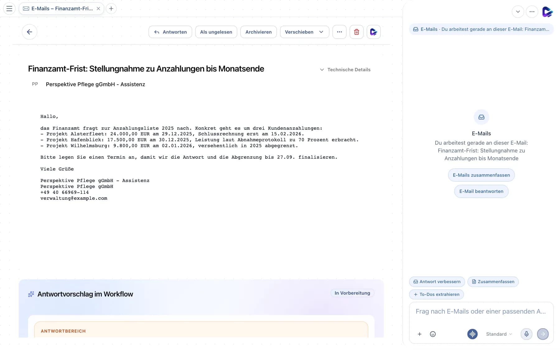 Geöffnete E-Mail mit Werkzeugleiste und Workflow-Bereich
