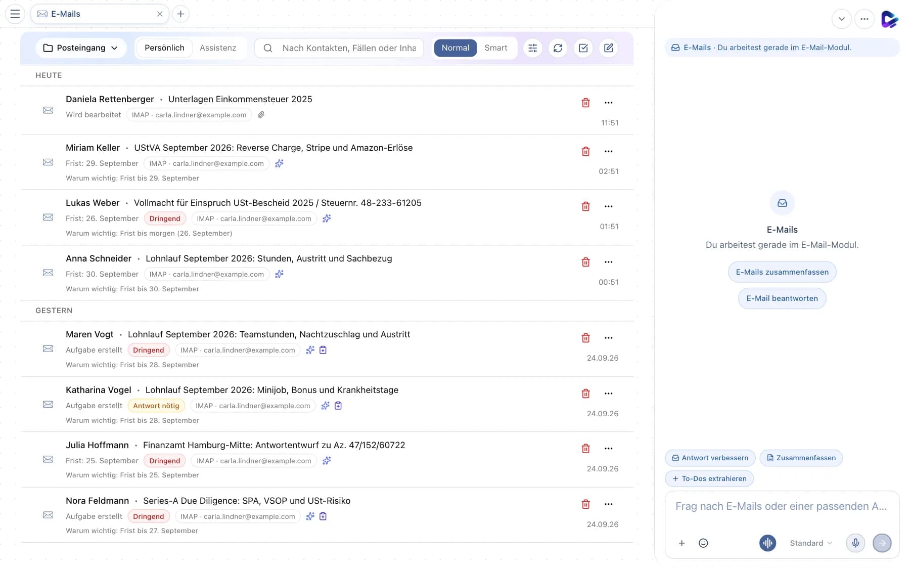 Posteingang in der Normal-Ansicht mit Werkzeugleiste und E-Mail-Liste