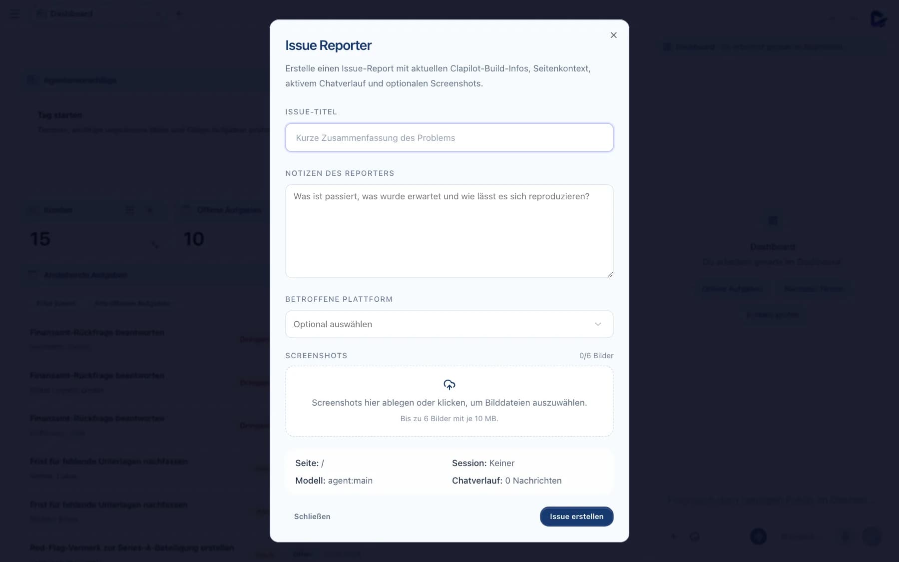 Dialog Issue Reporter mit Titel, Notizen, Plattform und Screenshots