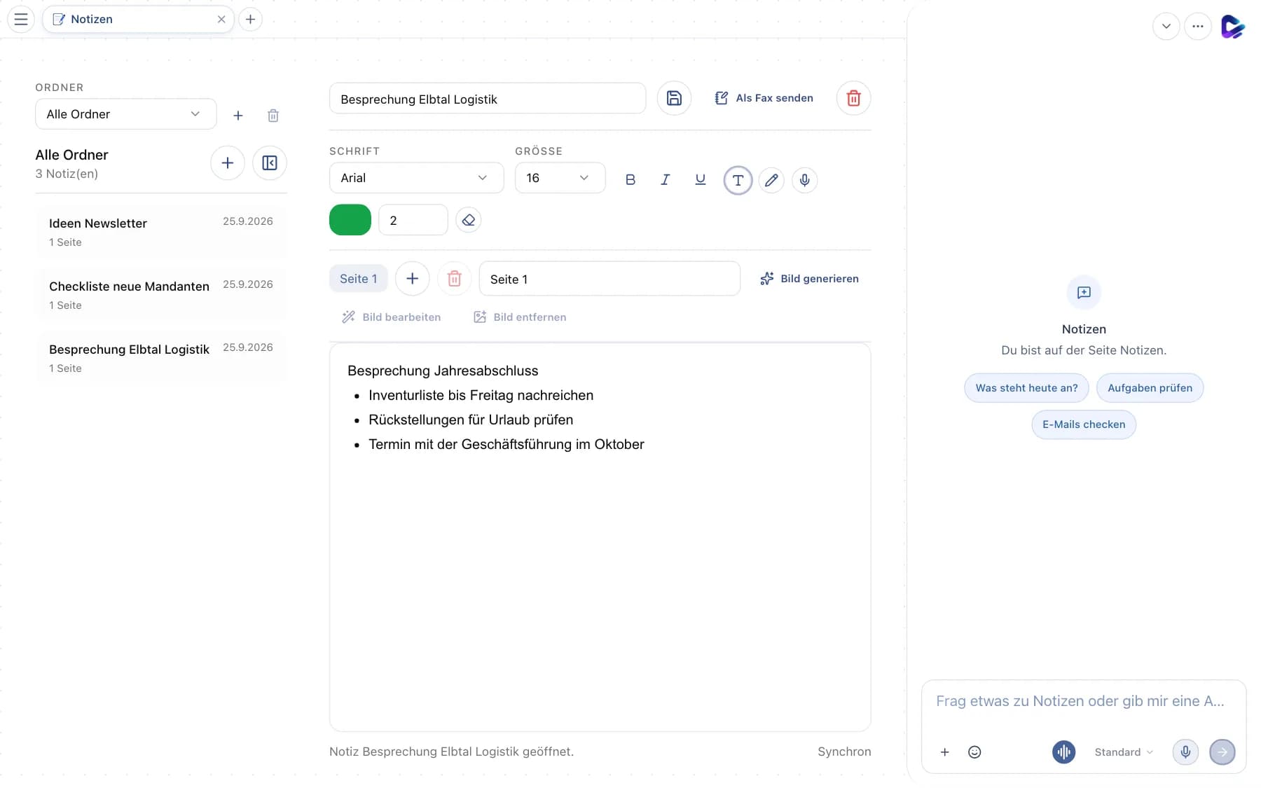 Notizen mit Ordnerauswahl, Notizliste und Editor