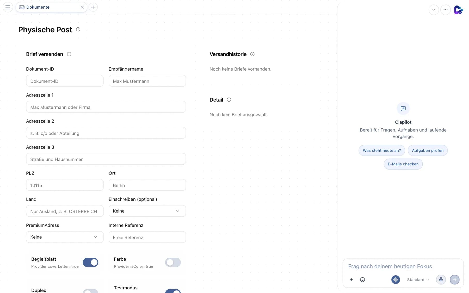 Formular Physische Post mit Empfängeradresse, Versandoptionen und Versandhistorie