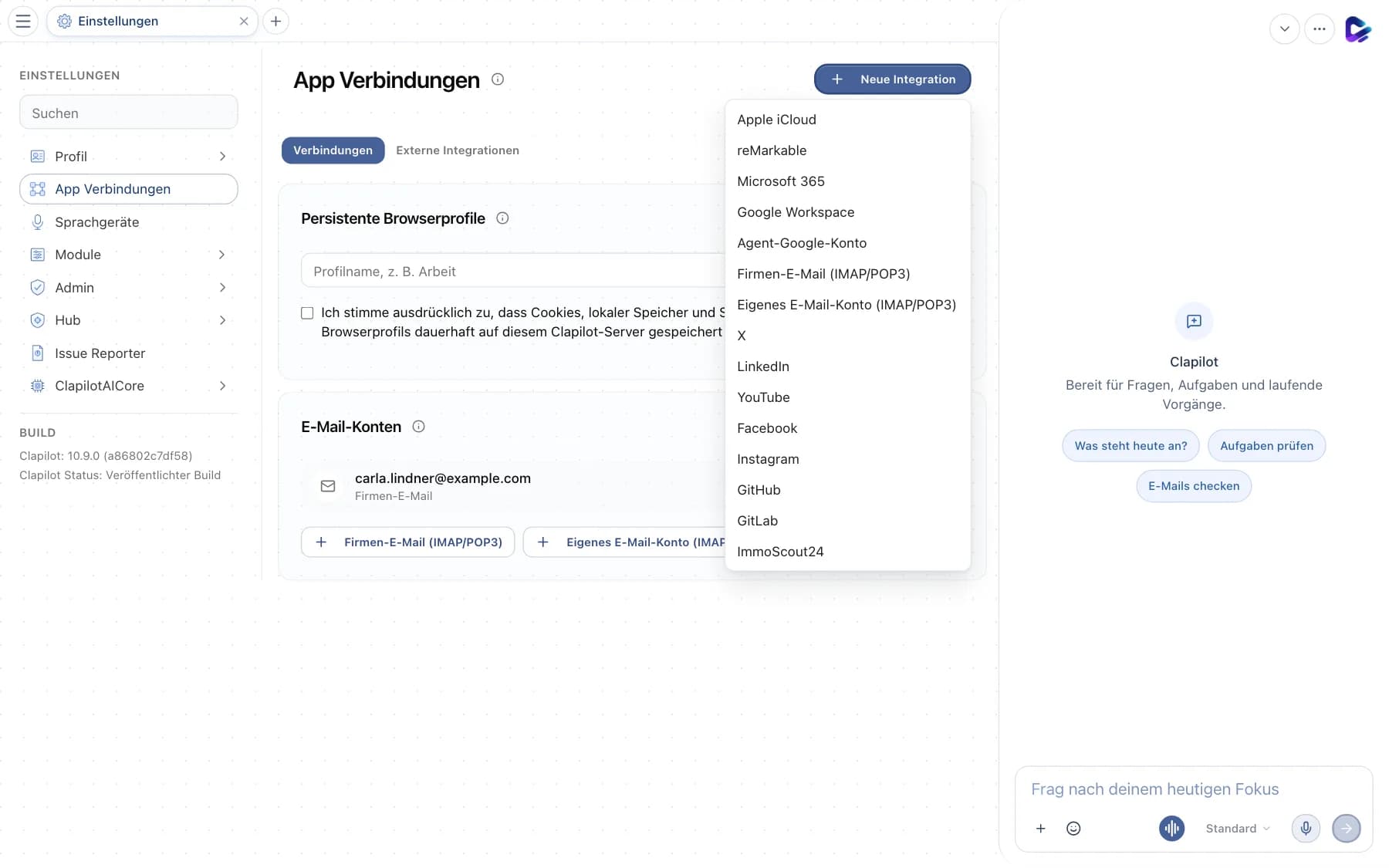 App-Verbindungen mit geöffnetem Menü Neue Integration