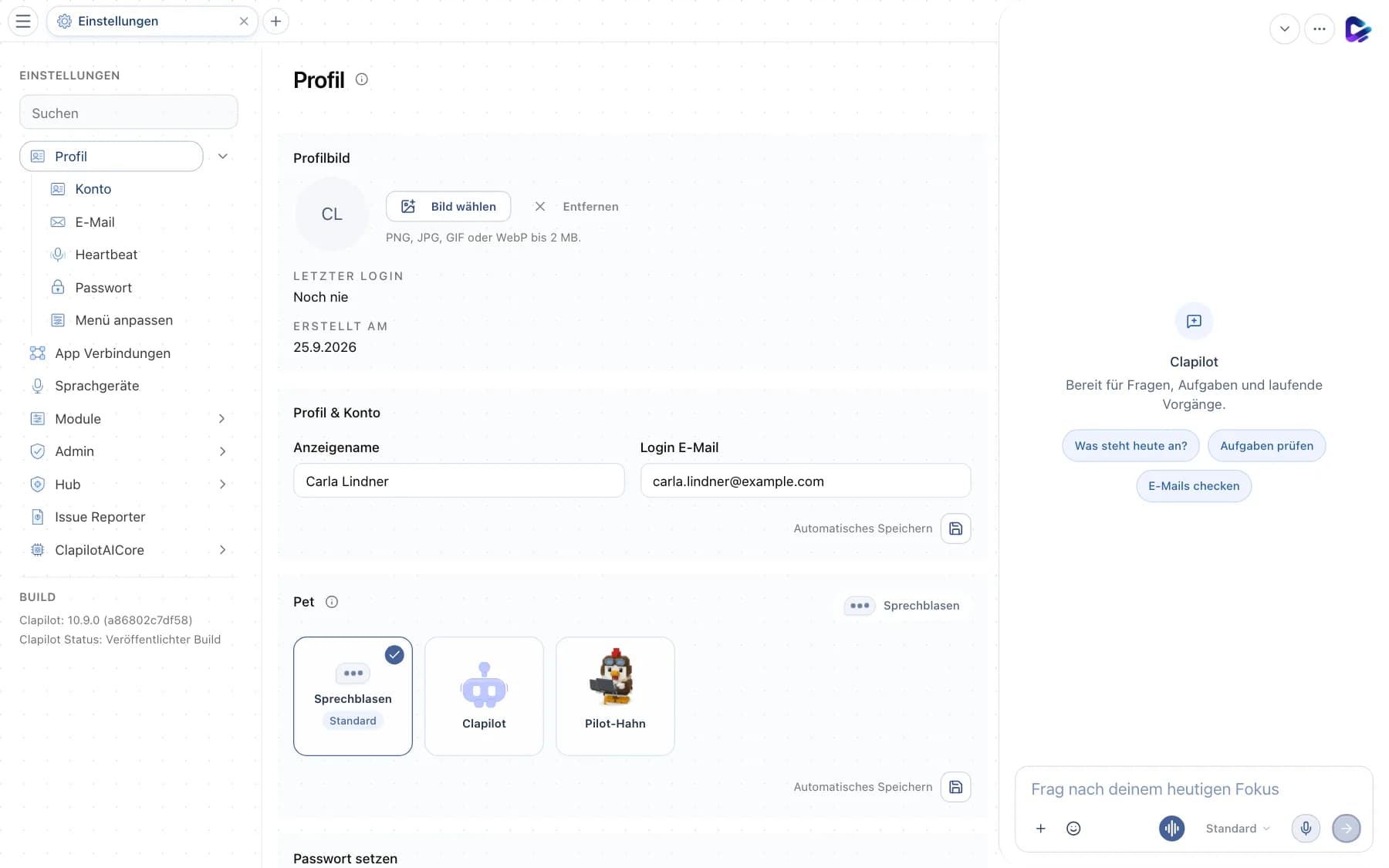 Profilseite mit Profilbild, Anzeigename und Login-E-Mail