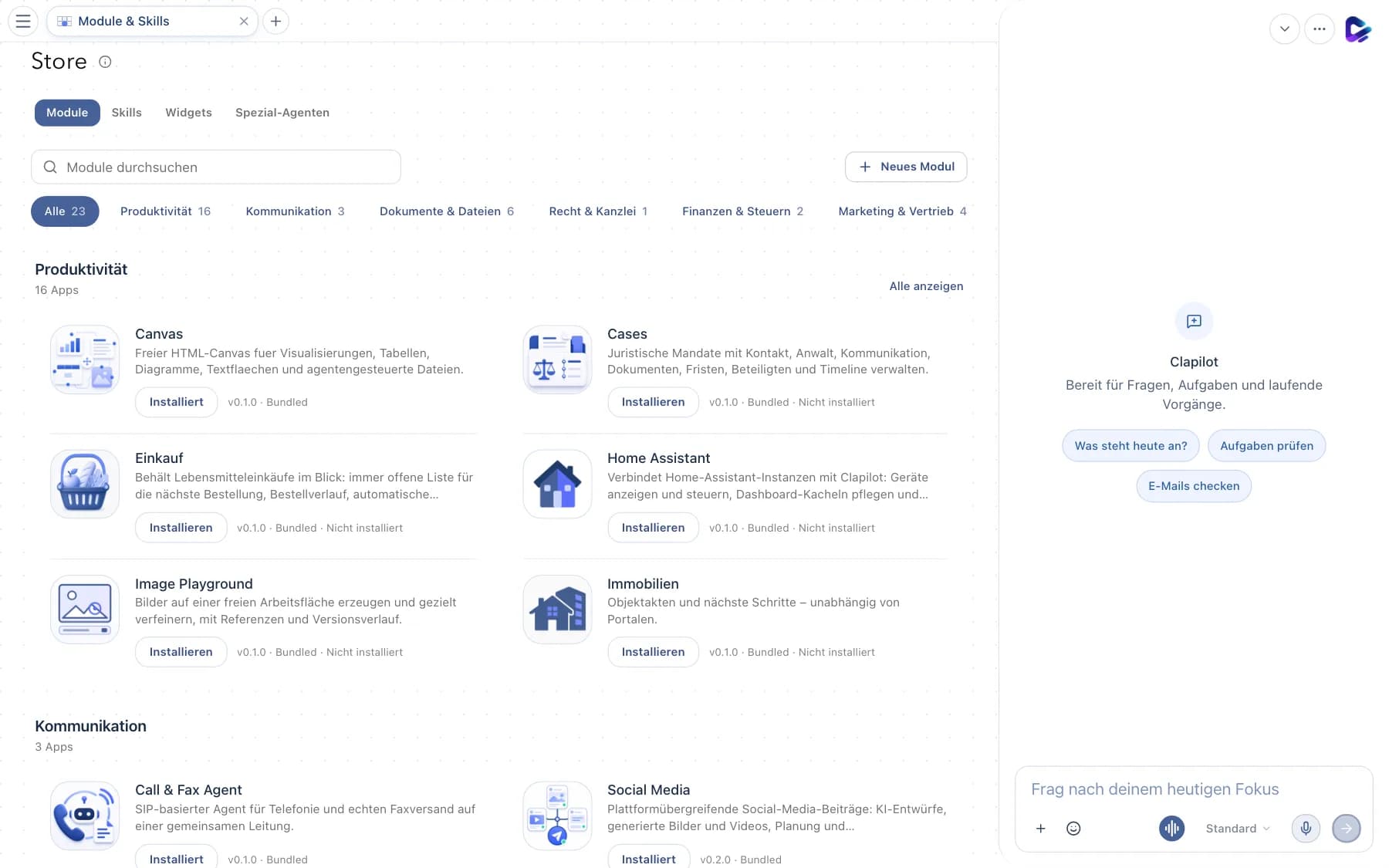 Store mit Tabs, Suche, Kategorien und Modulkarten