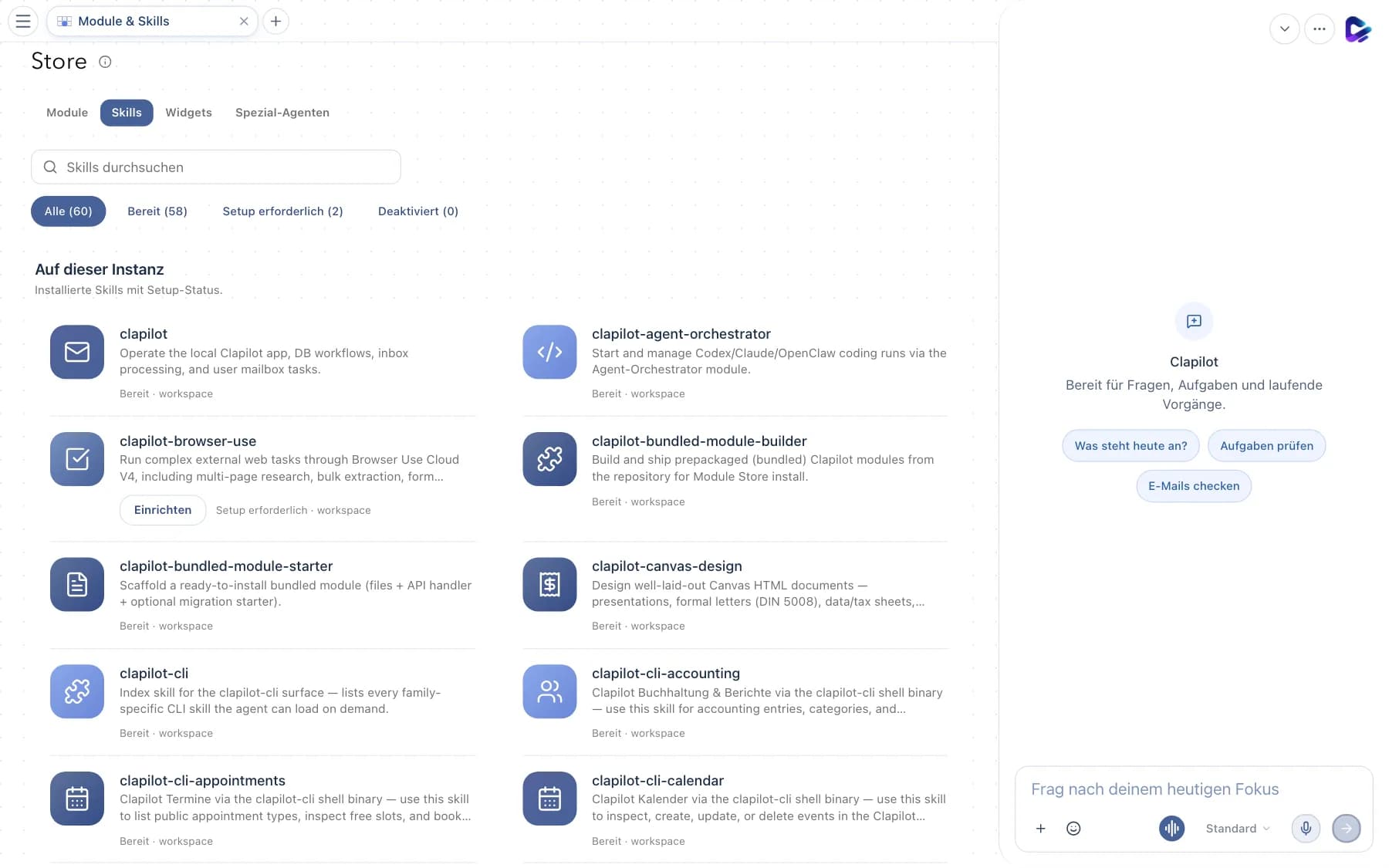 Skills-Tab mit Statusfilter und installierten Skills
