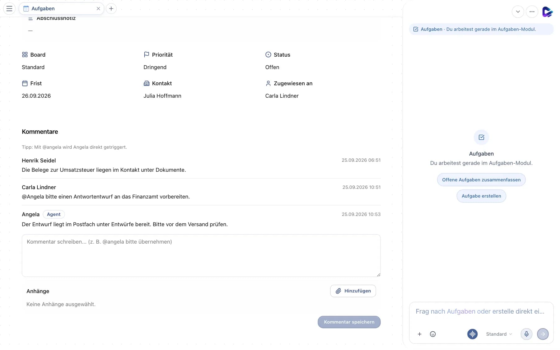 Kommentarbereich einer Aufgabe mit Erwähnung des Agenten und seiner Antwort