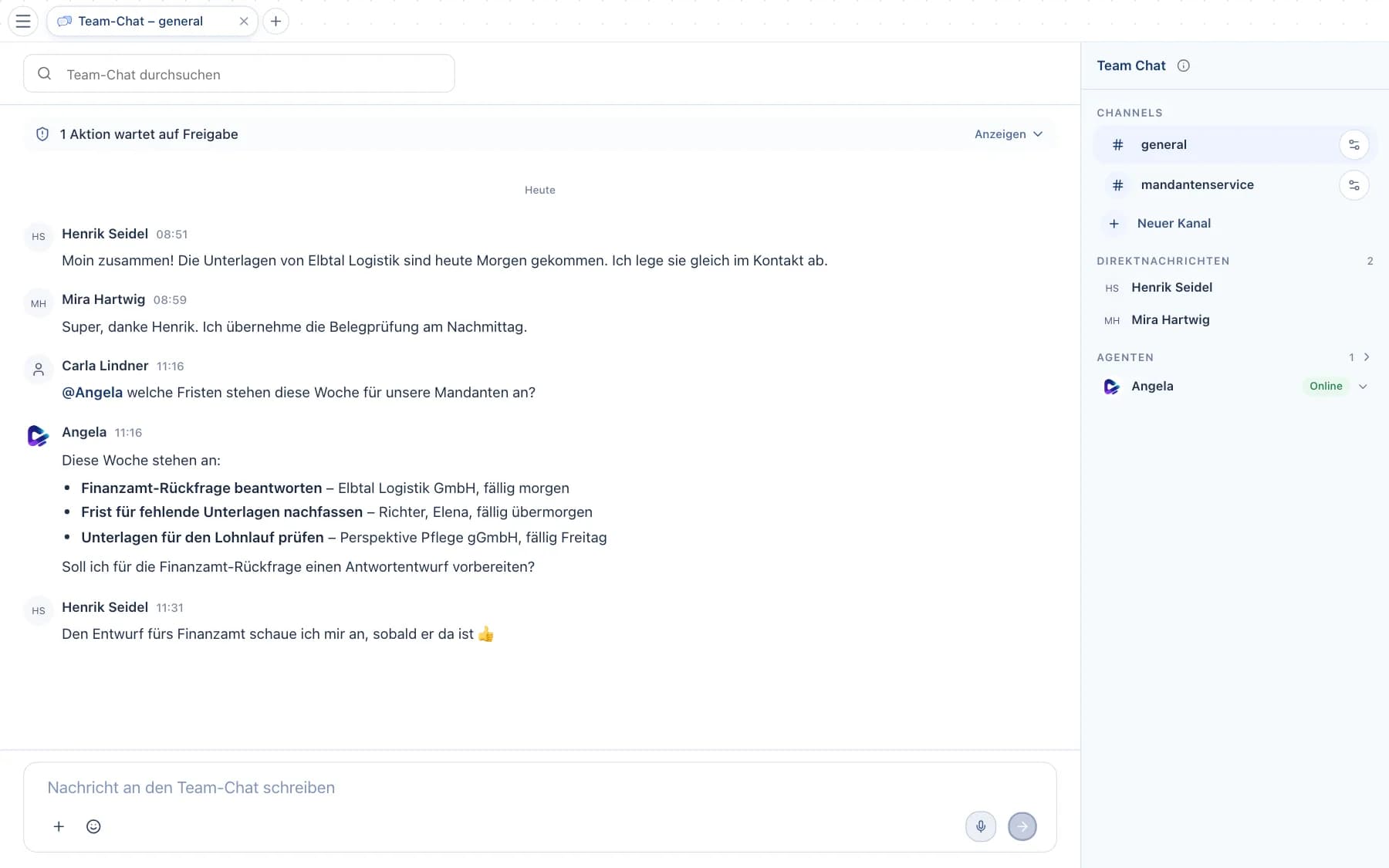 Team-Chat mit Nachrichtenverlauf, Agentenantwort und Kanalliste