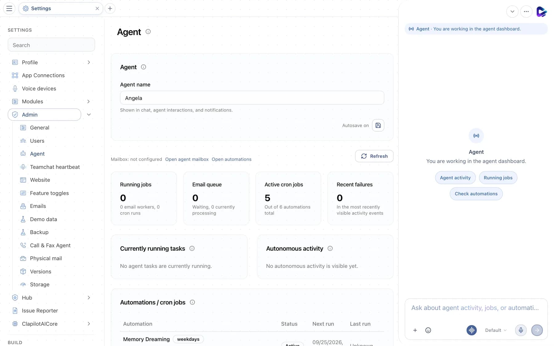 Agent page with agent name and metrics for jobs, email queue and automations