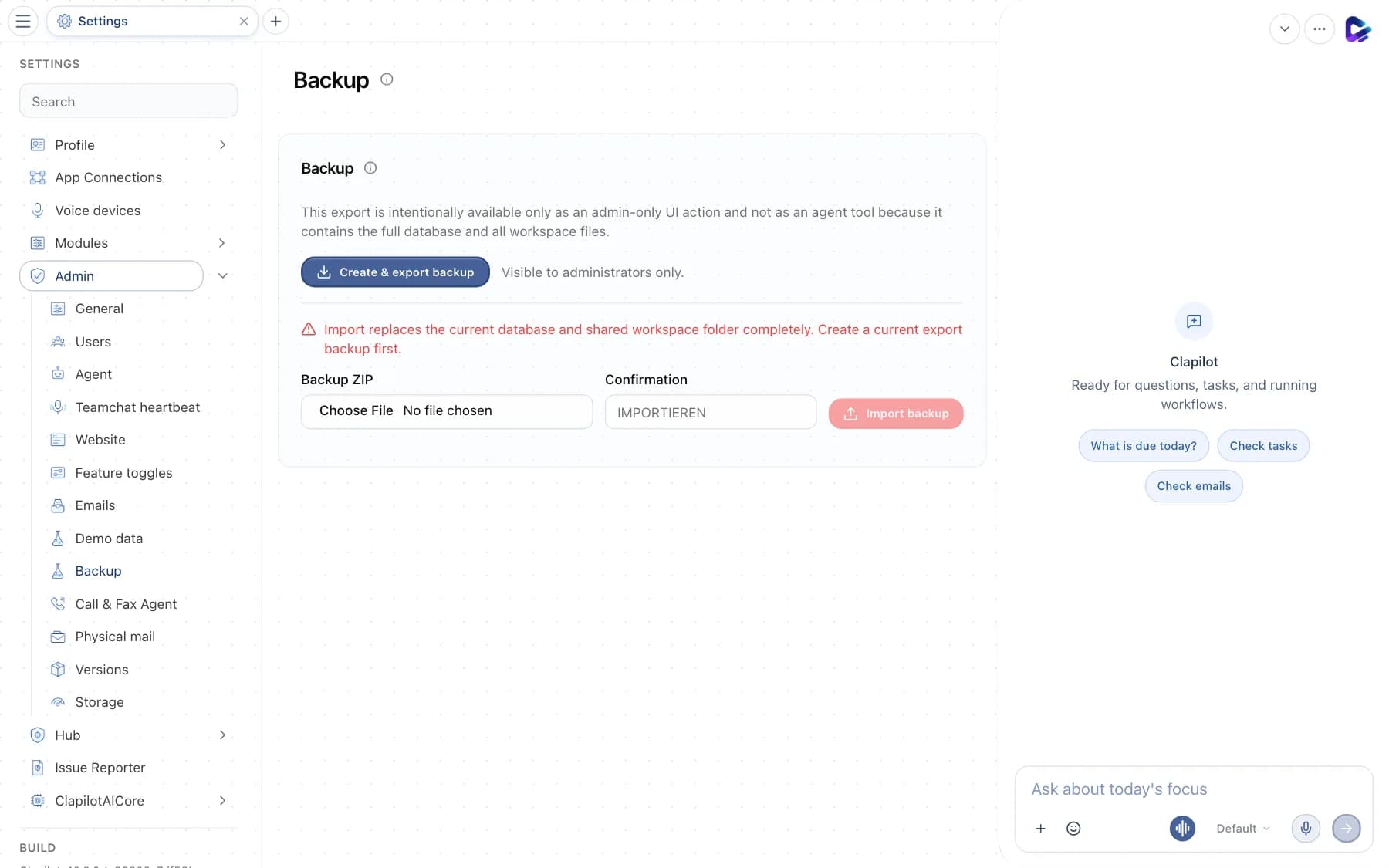 Backup page with export and import