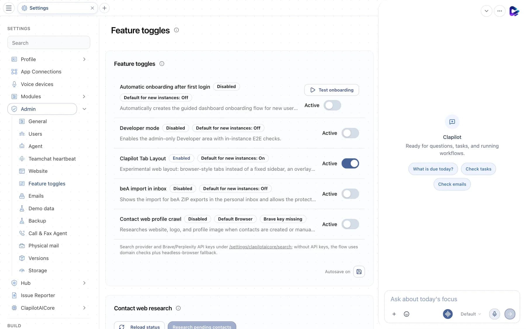 Feature toggles with onboarding, developer mode, tab layout, beA import and web profile crawl