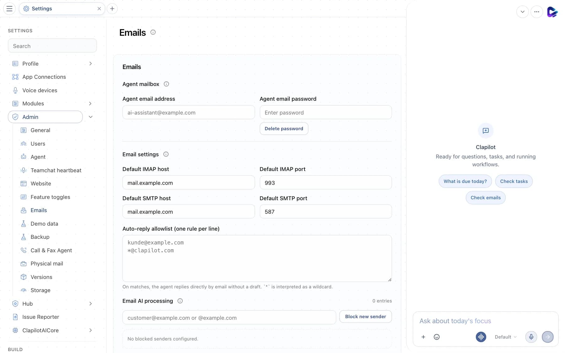 Email settings with agent mailbox and default mail servers