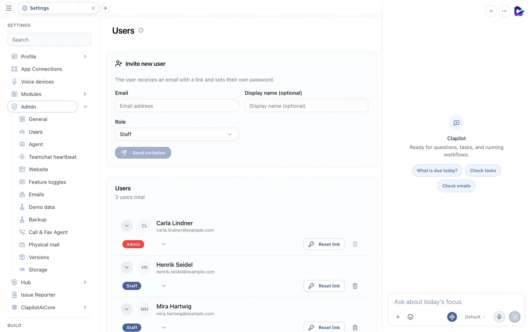 User management with invitation form and user list