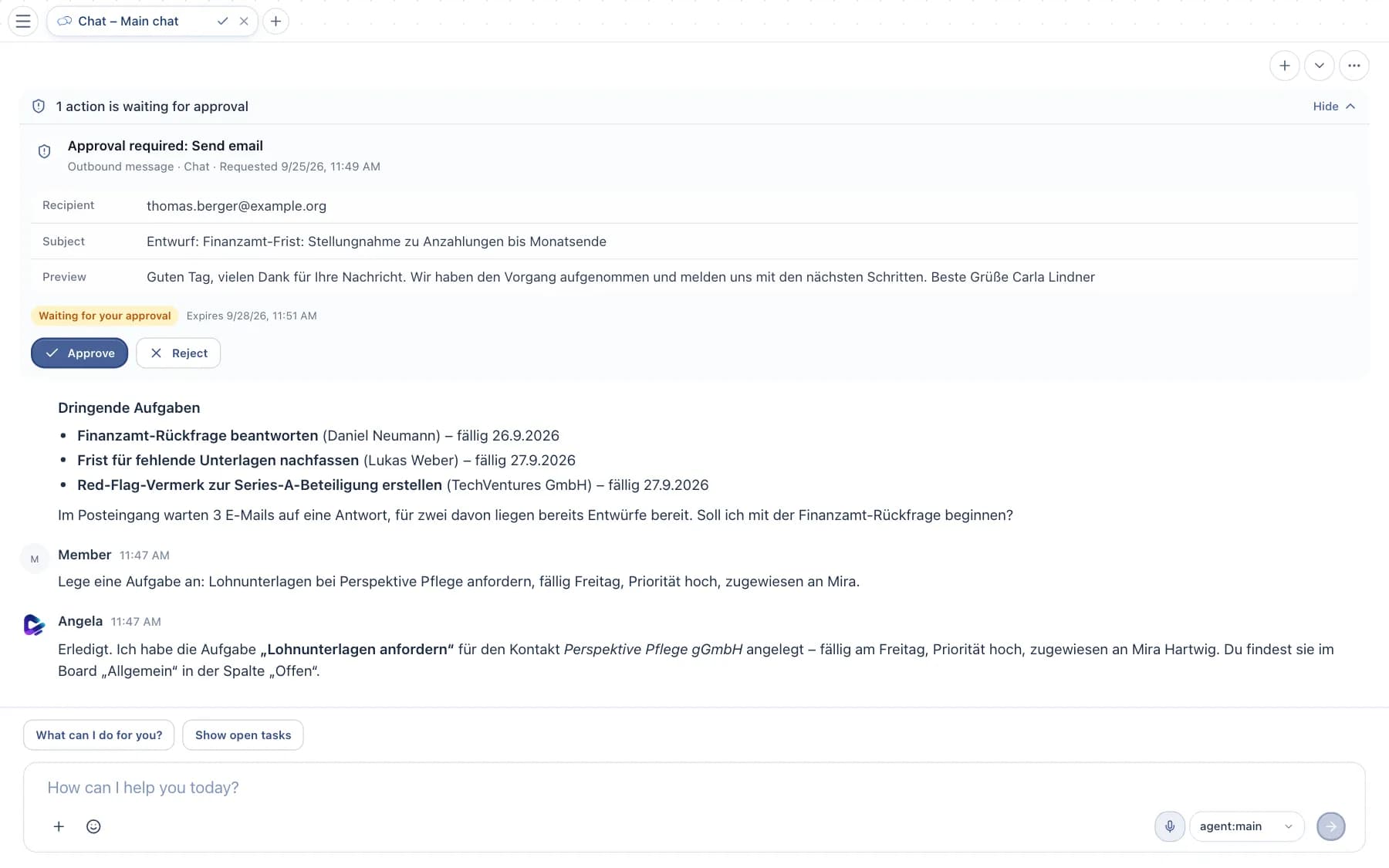 Approval card for sending an email with recipient, subject and preview