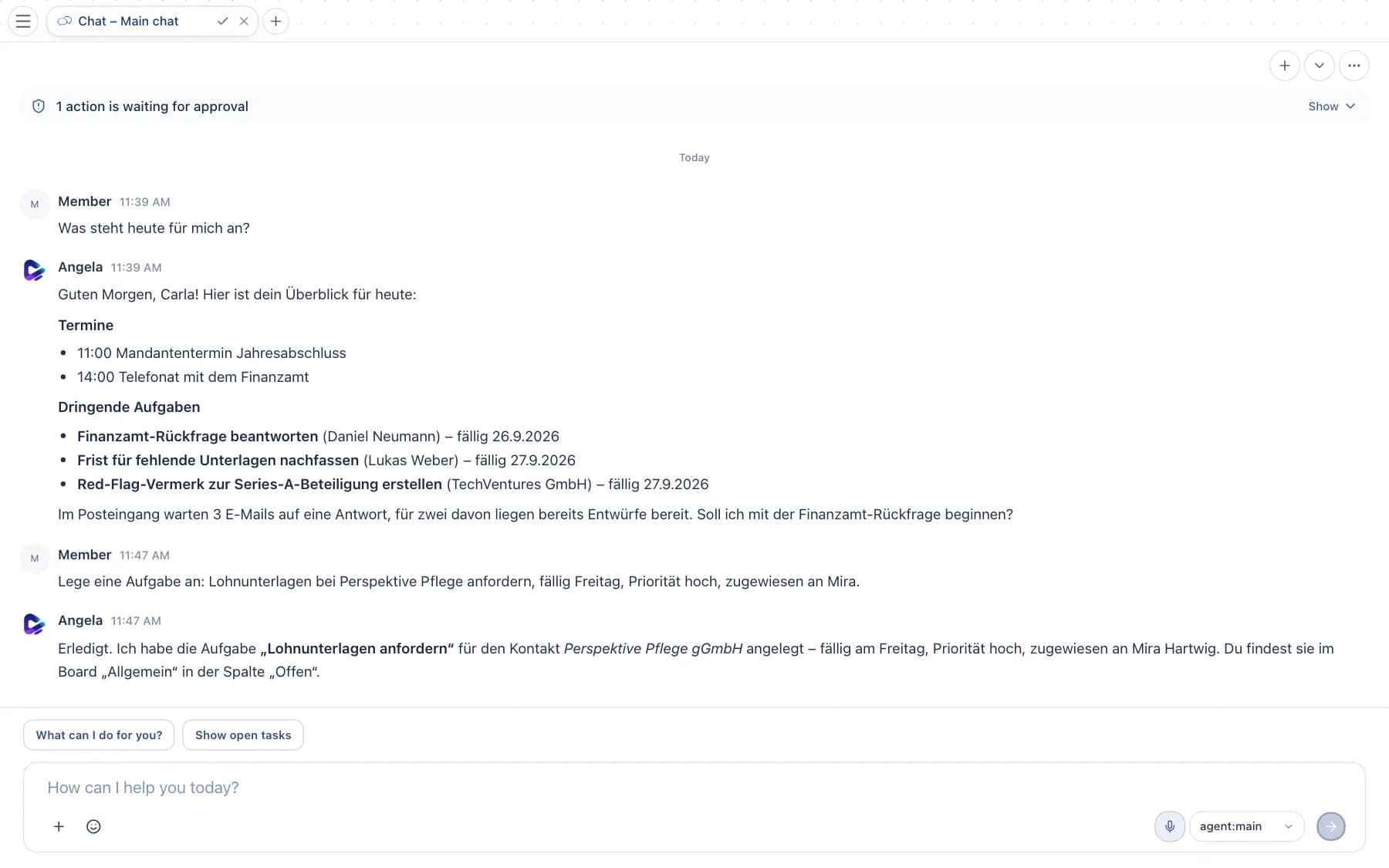 Chat with the agent: question, daily overview, completed task and input field