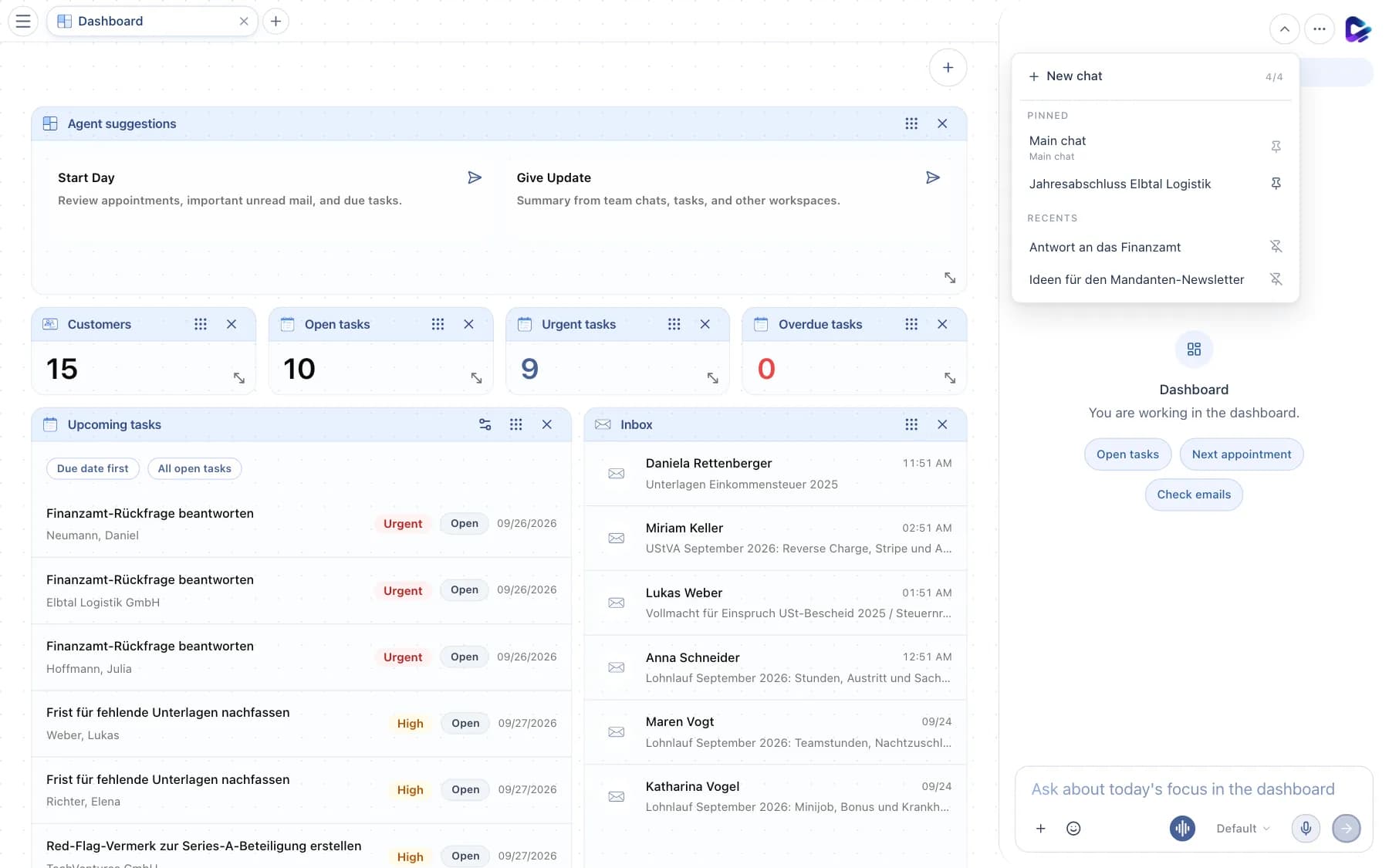 Open session selector with main chat, pinned and recent sessions