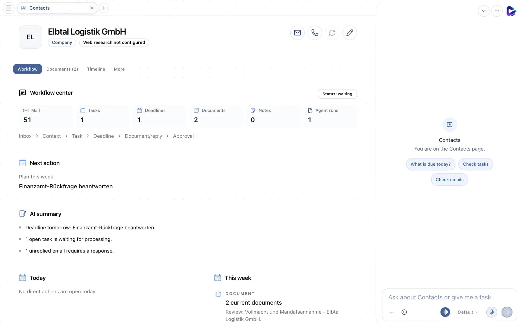 Contact record with workflow center, next action and AI summary