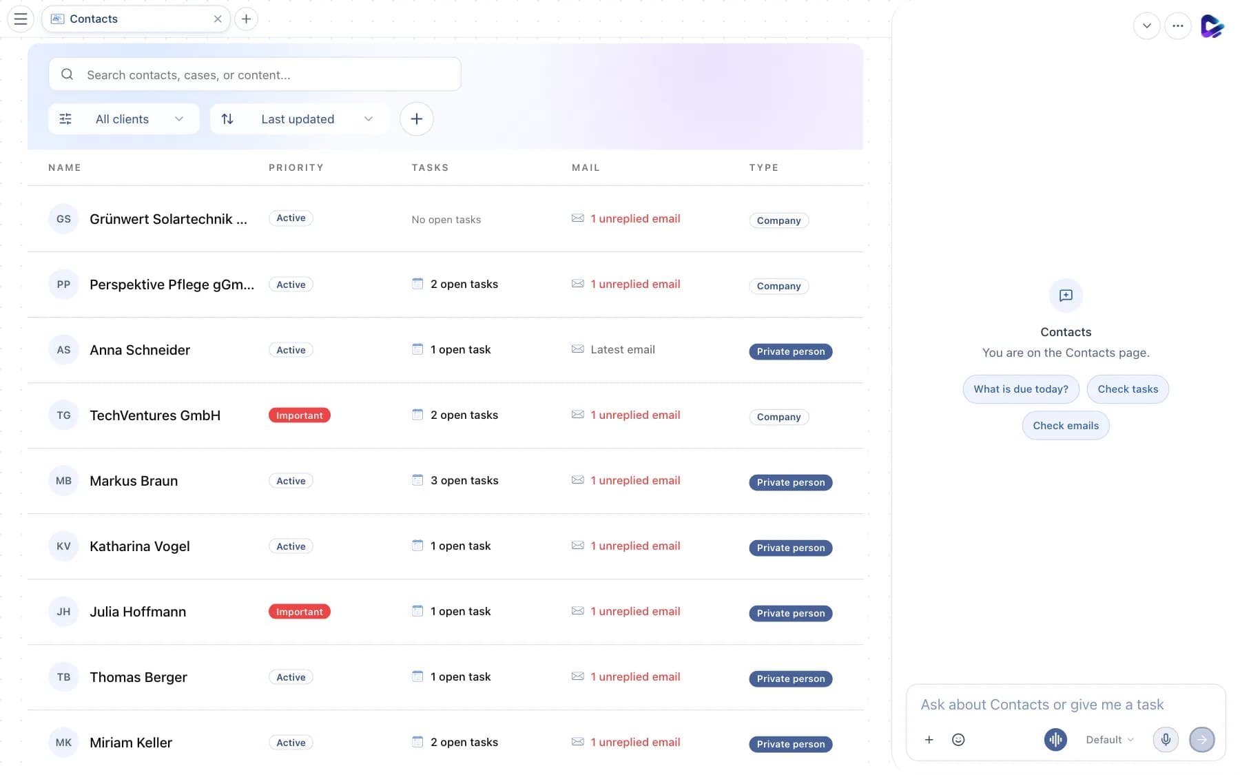 Contact list with search, filter, sorting and columns