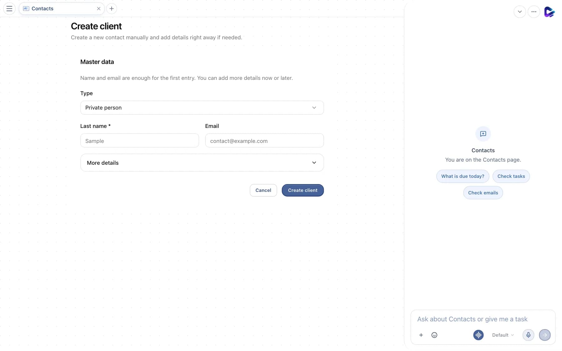 Create client form with type, name and email