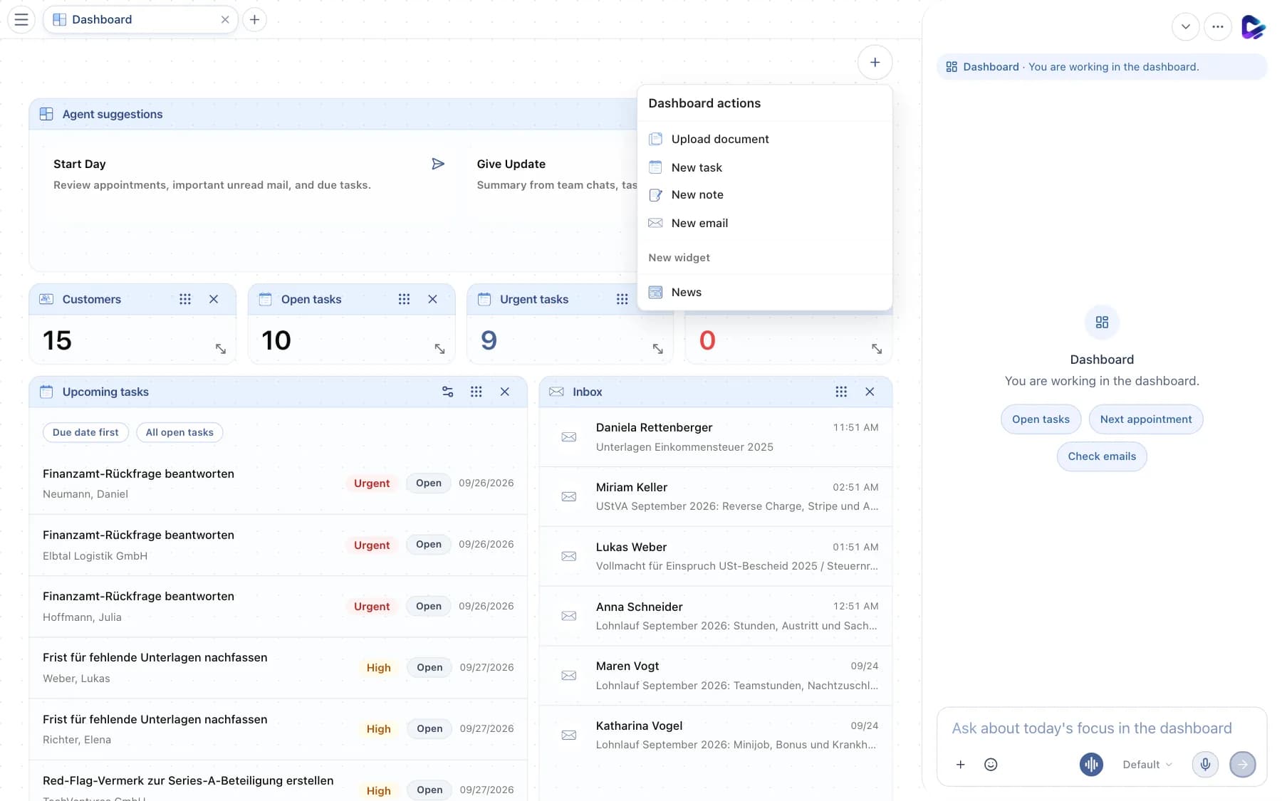 Dashboard actions menu with quick actions and new widgets