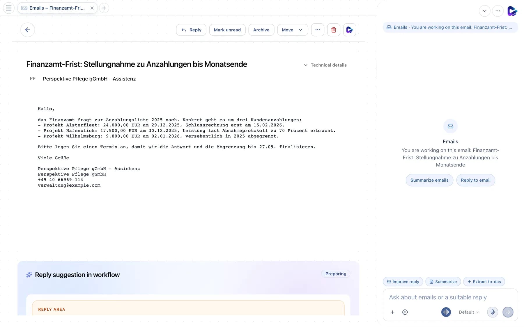 Open email with toolbar and workflow area