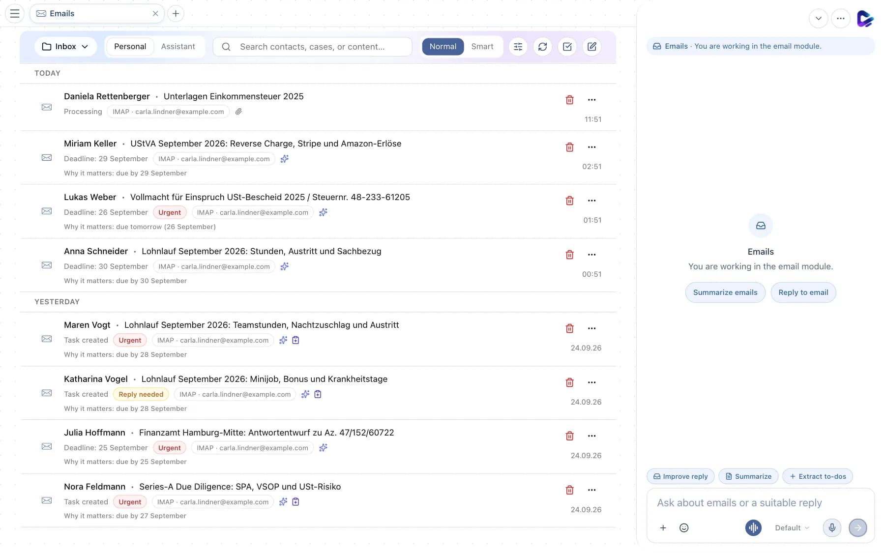 Inbox in the normal view with toolbar and email list