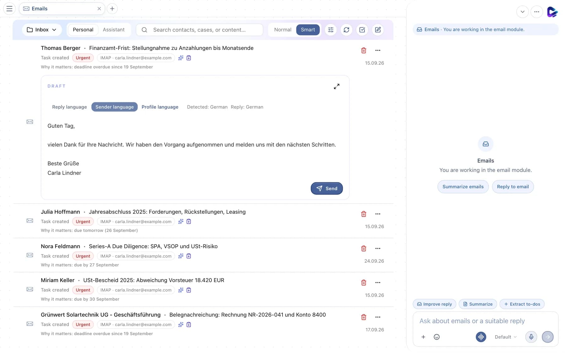 Smart view with an expanded reply draft and Send button