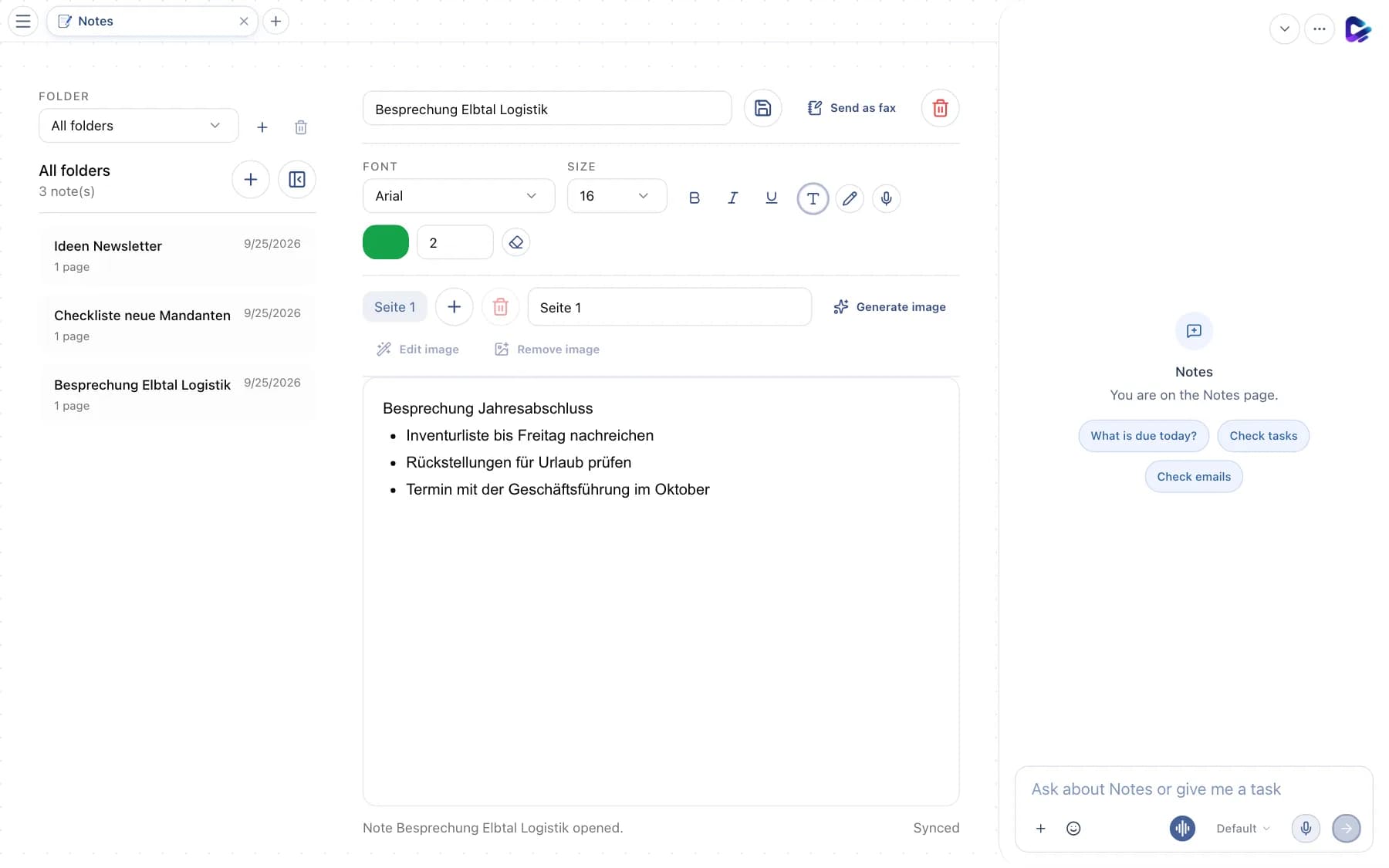 Notes with folder selection, note list and editor