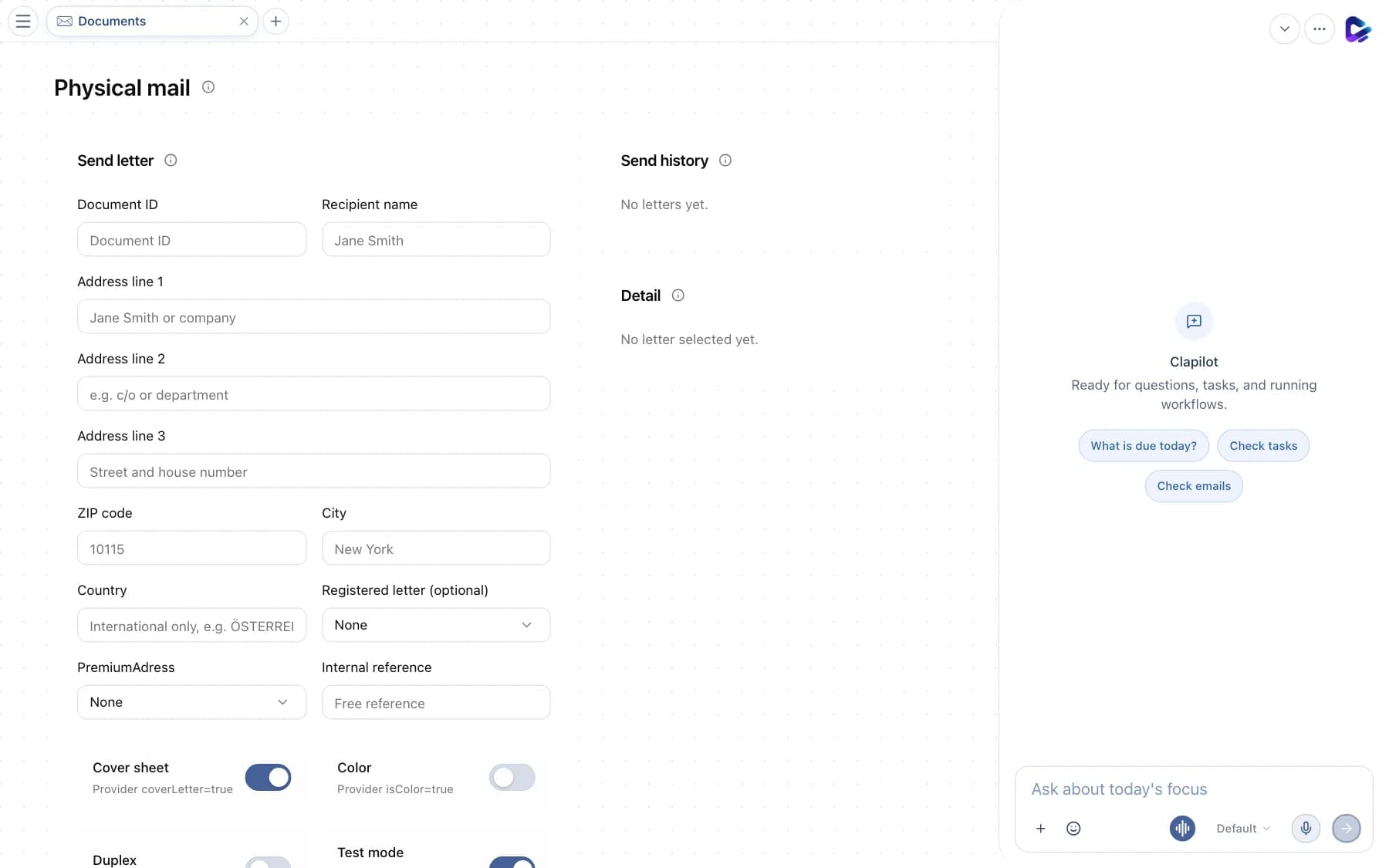 Physical mail form with recipient address, sending options and send history