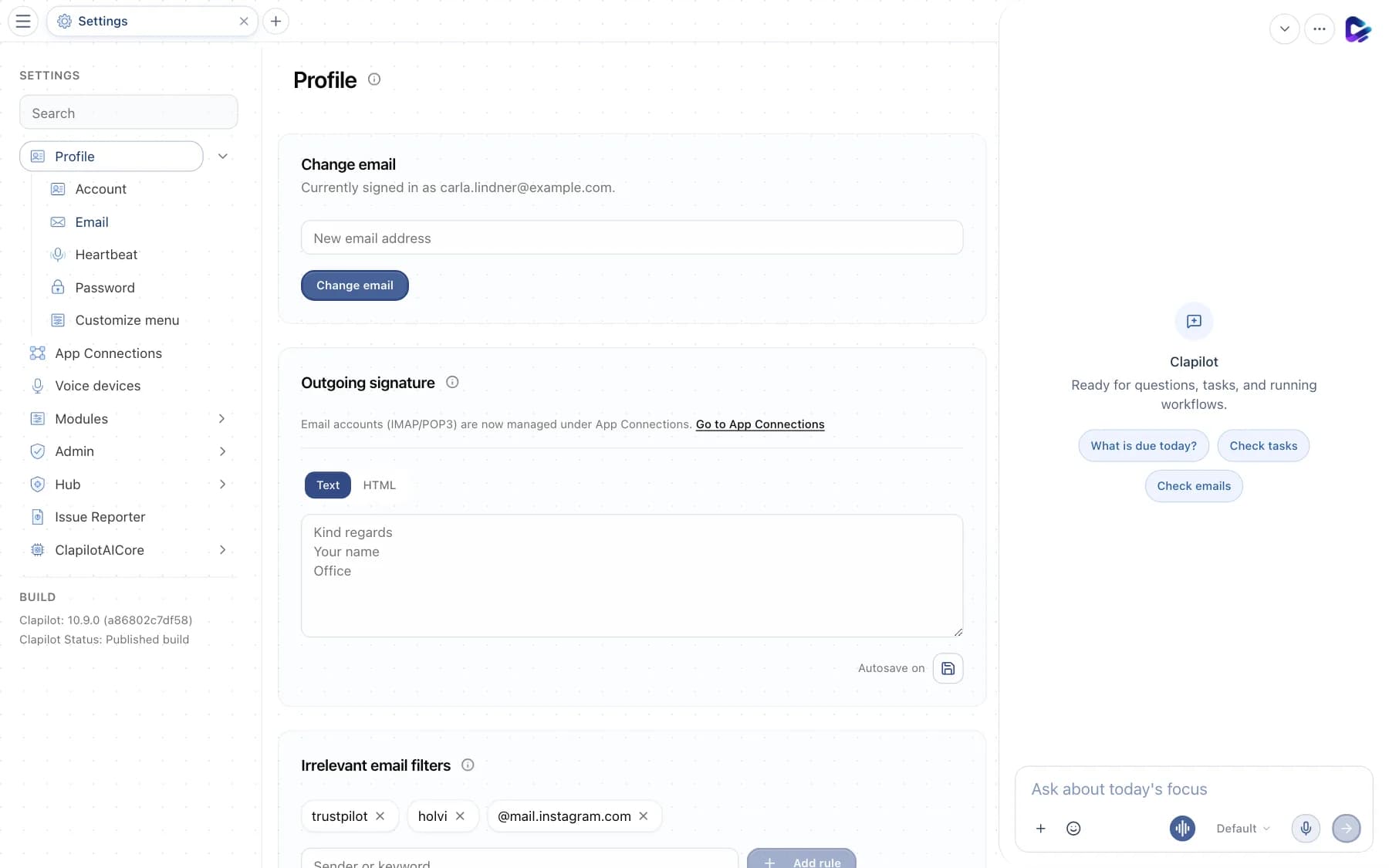 Email settings with login email, signature and filters