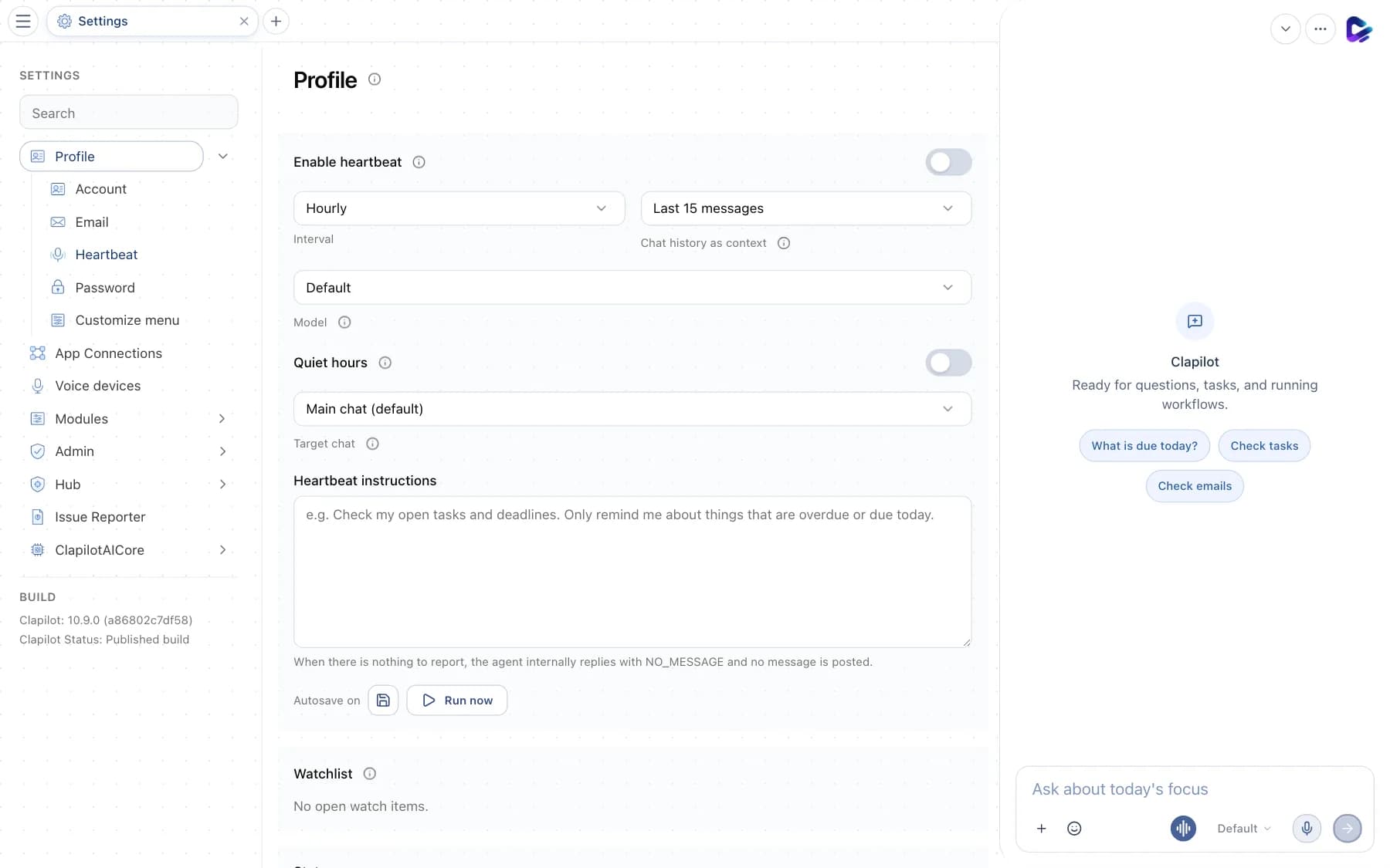 Heartbeat settings with interval, quiet hours and instructions