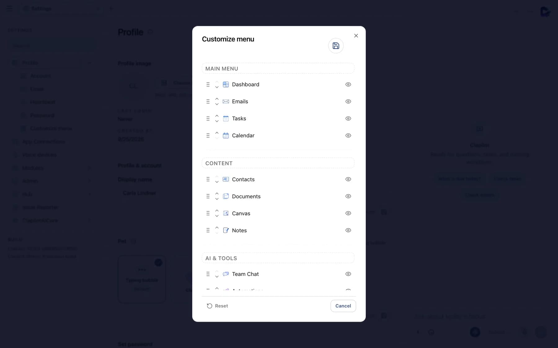 Customize menu dialog with sections and entries