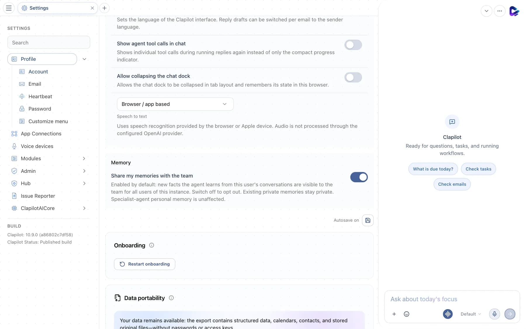 Account settings with language, tool calls in chat and collapsible chat dock