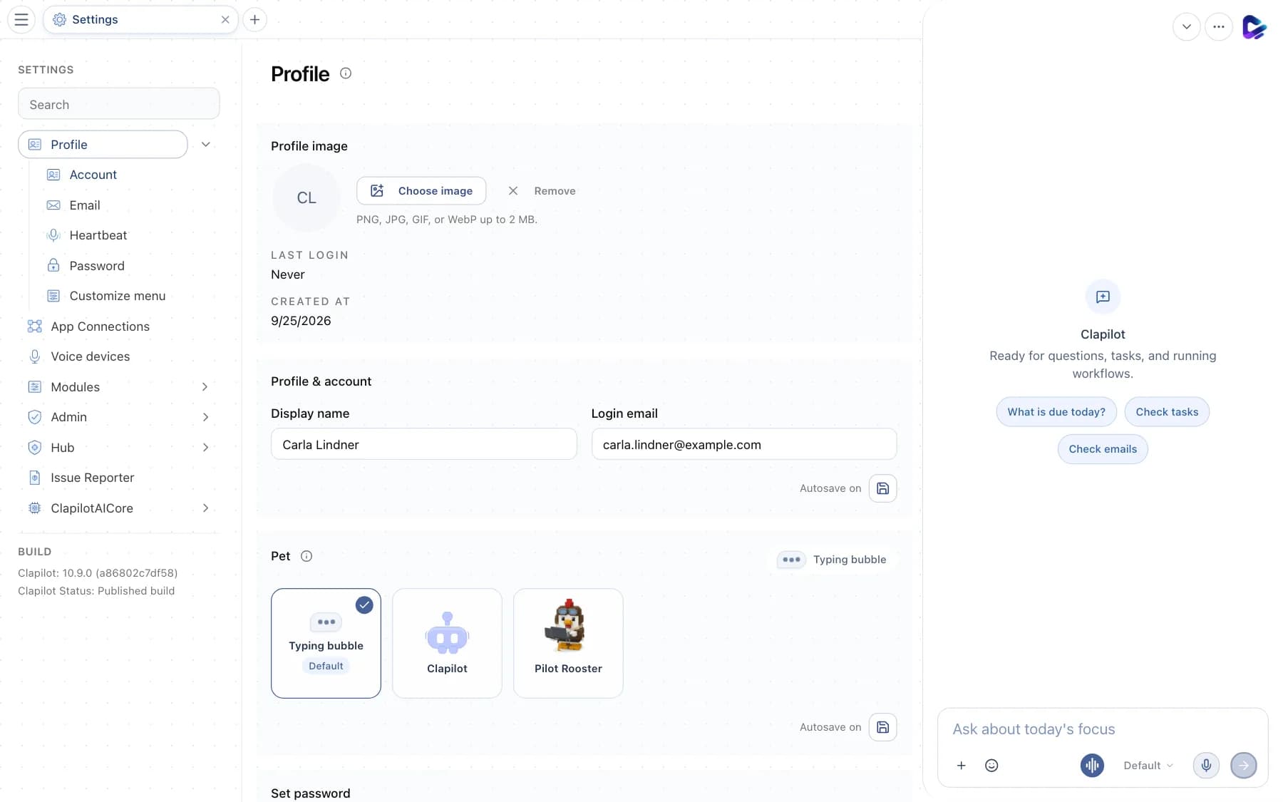 Settings with search and navigation: Profile, App Connections, Admin