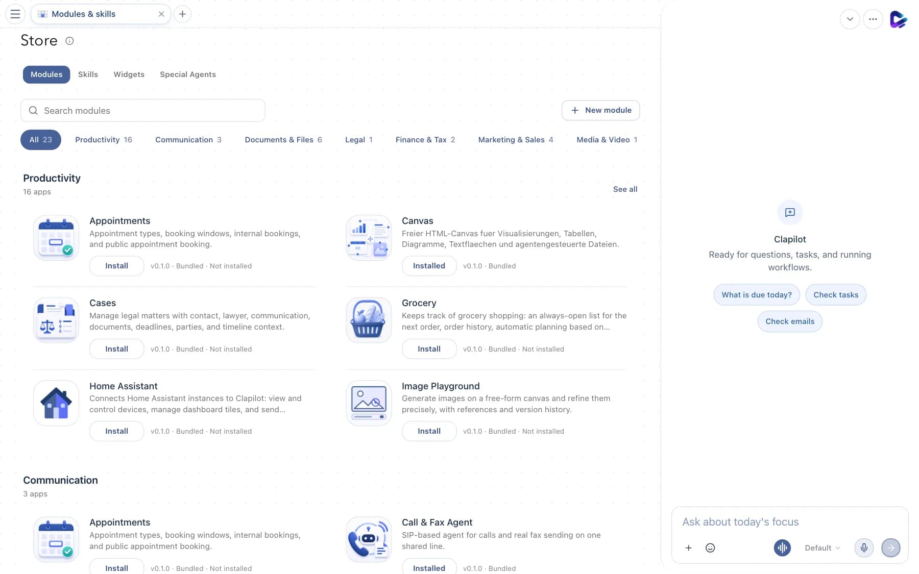 Store with tabs, search, categories and module cards