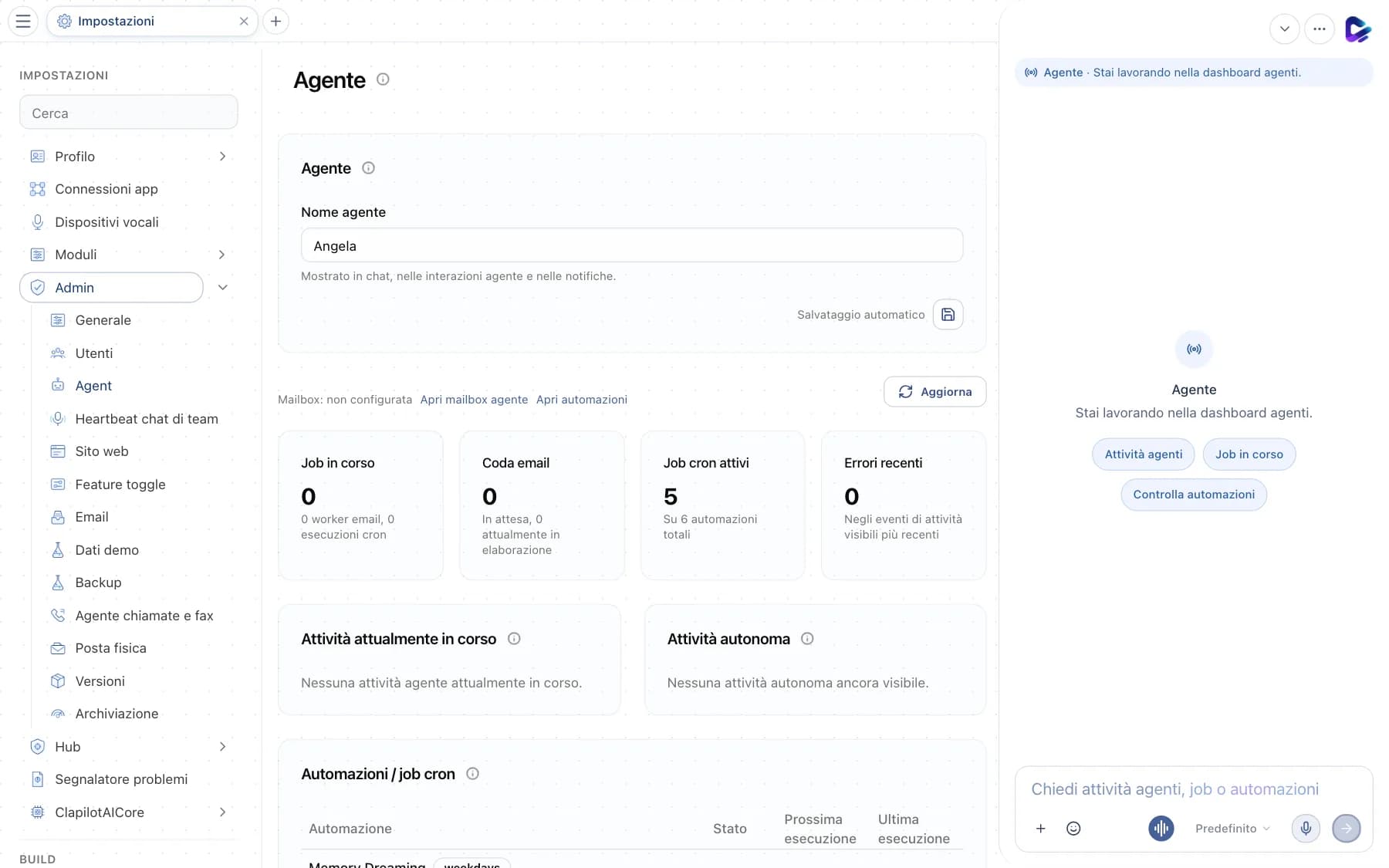 Pagina Agent con nome dell'agente e metriche su job, coda email e automazioni