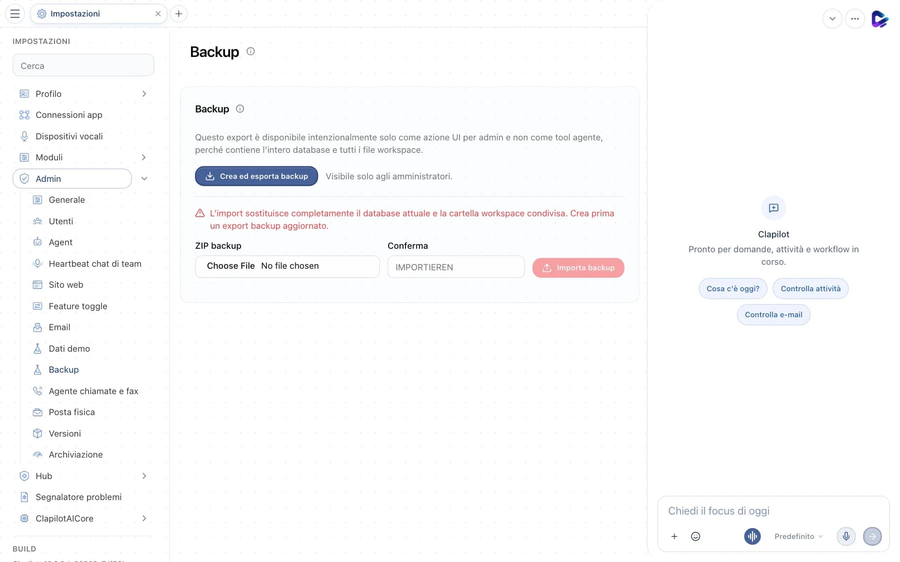 Pagina Backup con esportazione e importazione